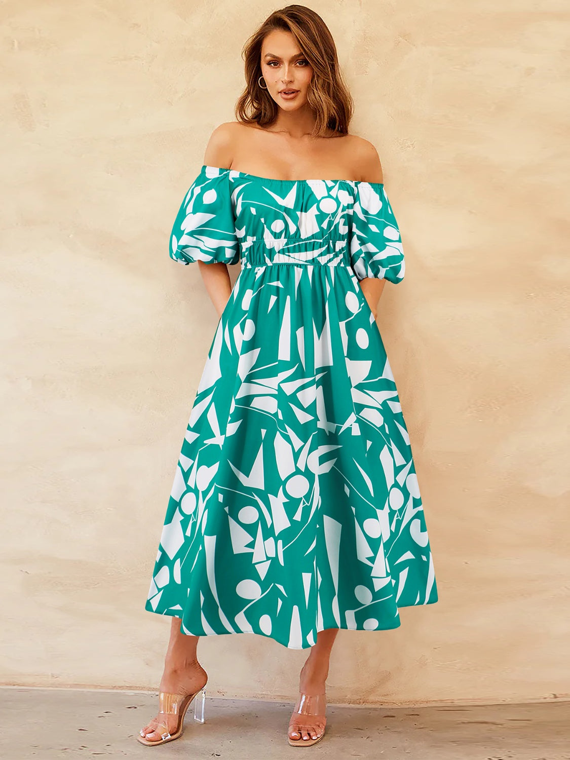 Zephariel Printed Off-Shoulder Balloon Sleeve Dress