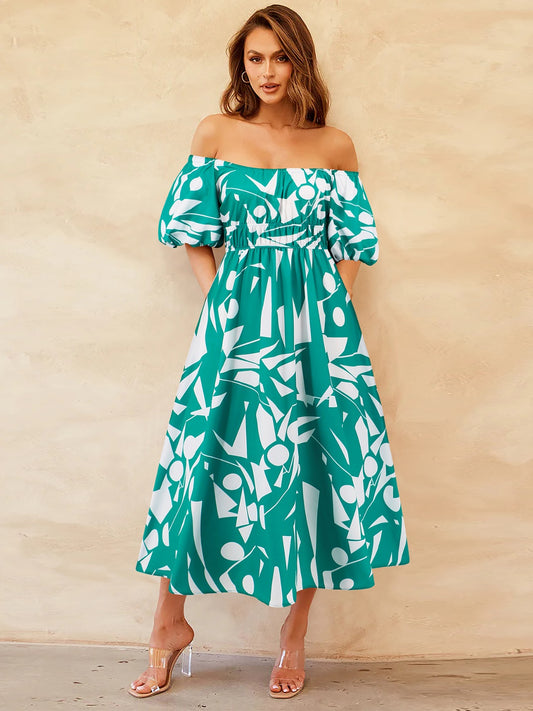 Zephariel Printed Off-Shoulder Balloon Sleeve Dress