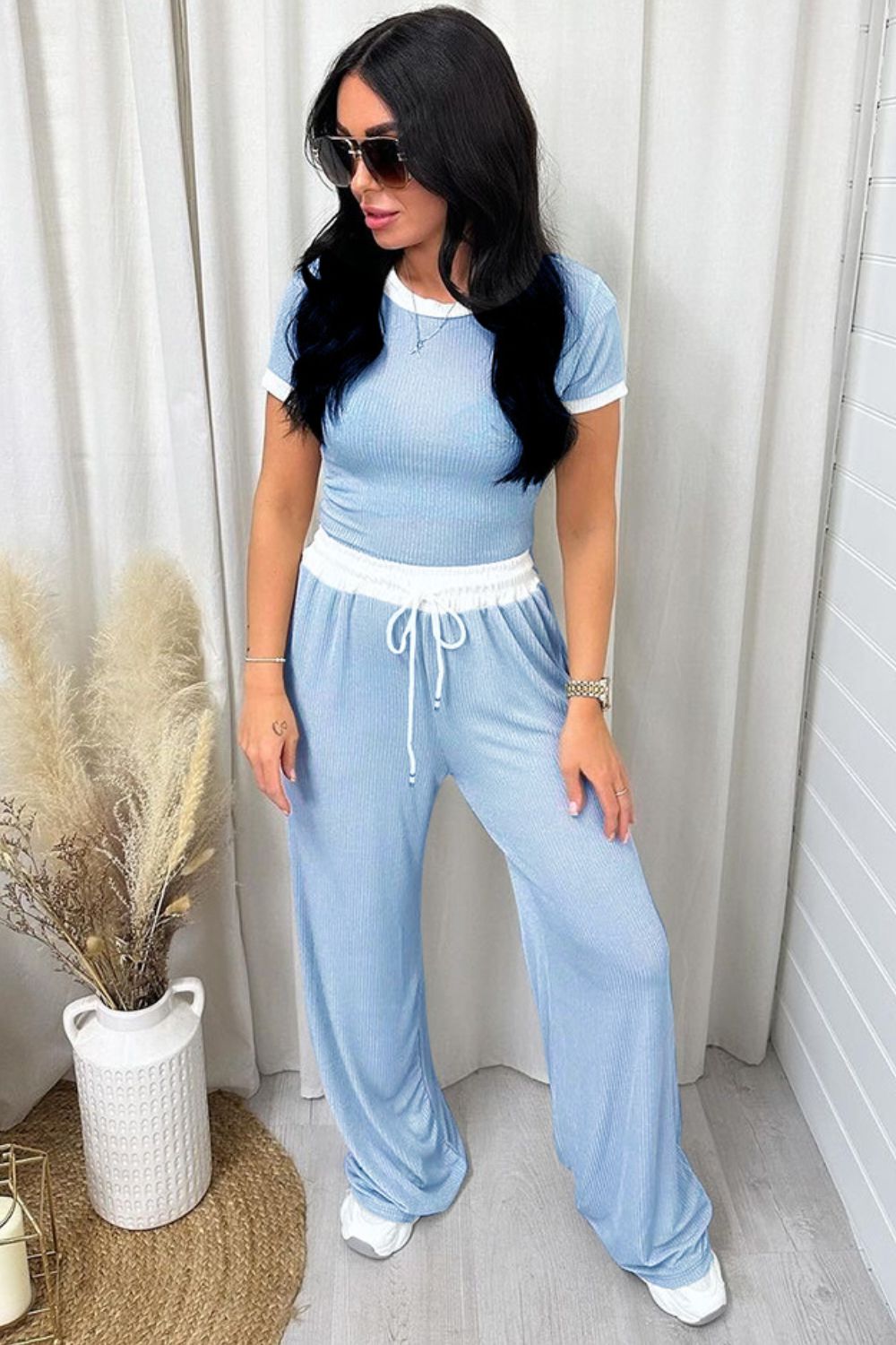 Zephariel Contrast Trim Round Neck Top and Pants Set