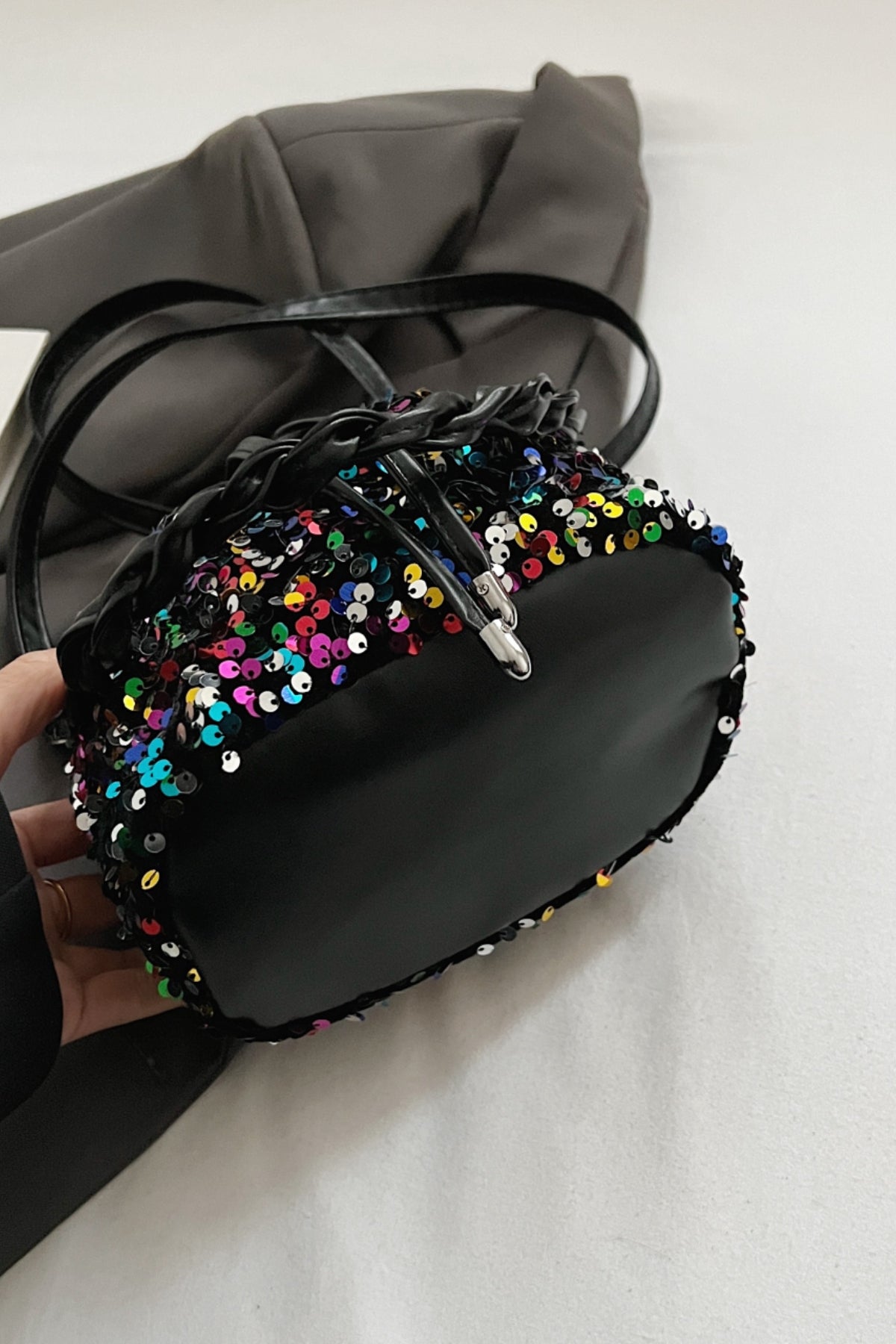 Zephariel Sequin Drawstring Bucket Bag