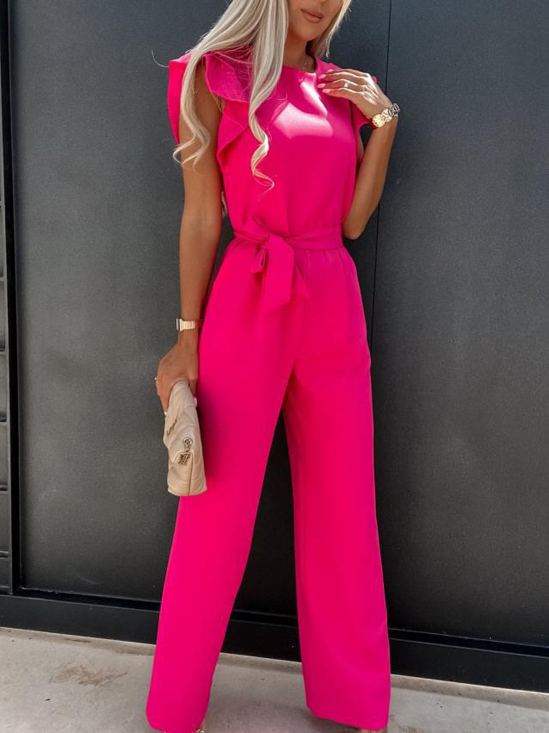 Zephariel Ruffled Round Neck Cap Sleeve Jumpsuit