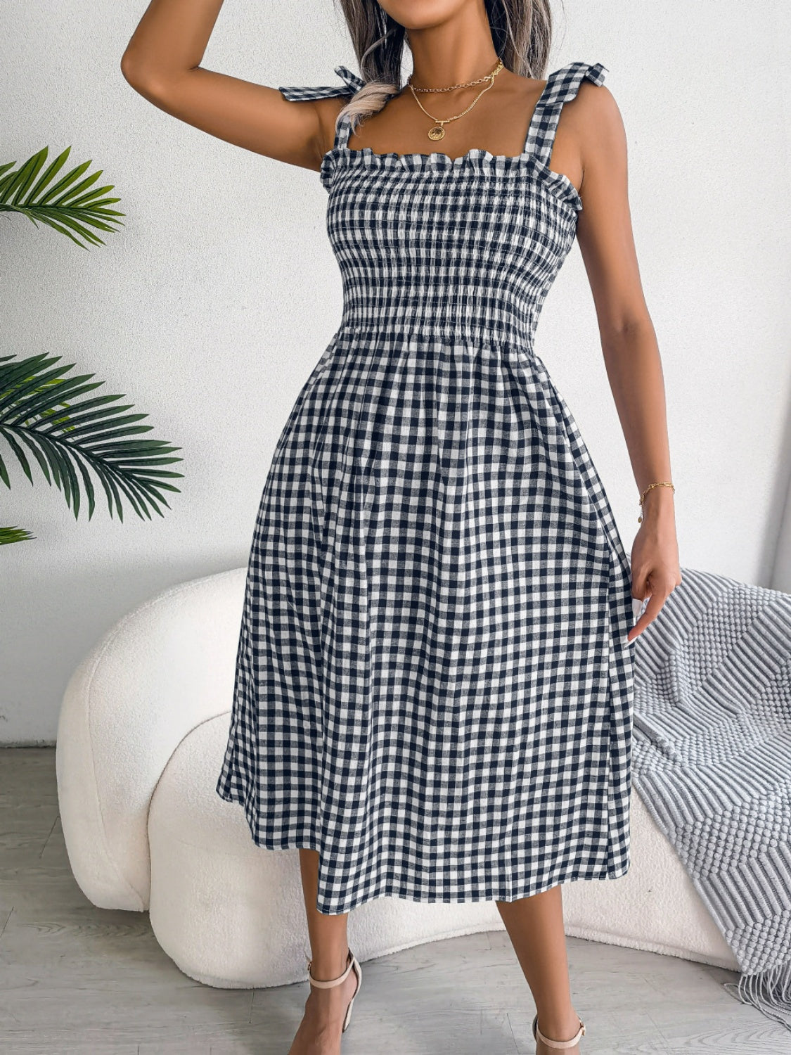 Zephariel Frill Plaid Square Neck Midi Dress