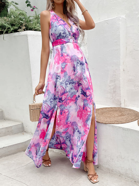 Zephariel Printed Open Back Slit Sleeveless Dress