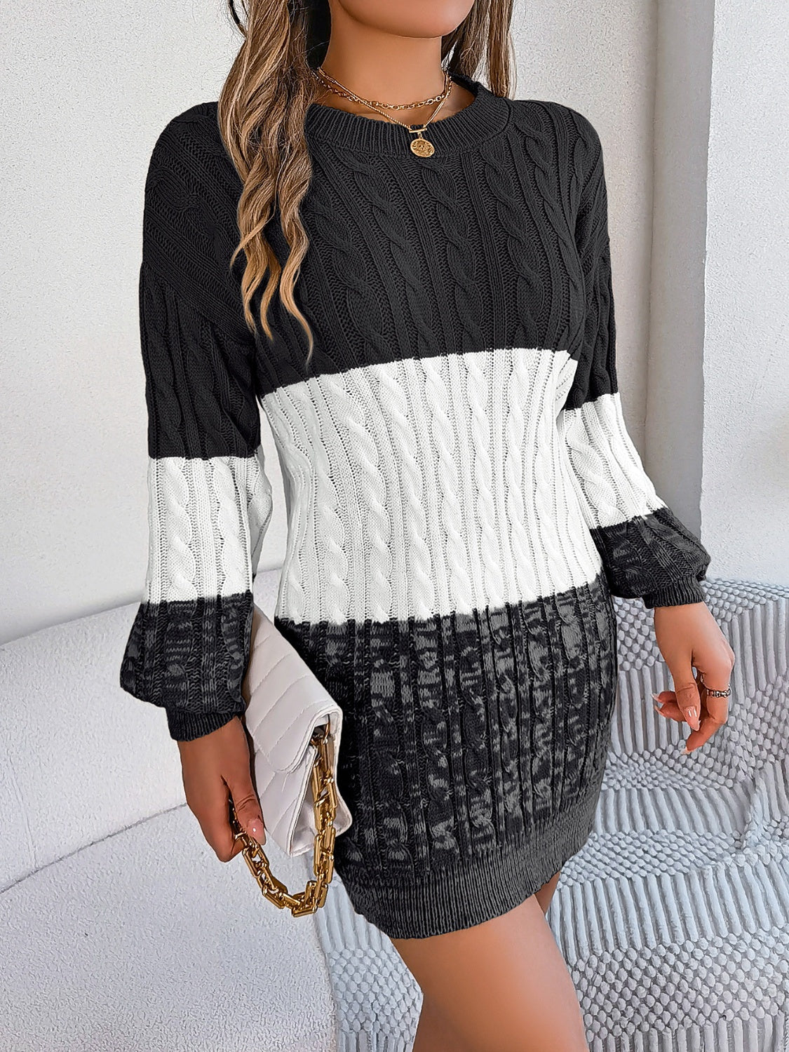 Zephariel Cable-Knit Round Neck Color Block Sweater Dress