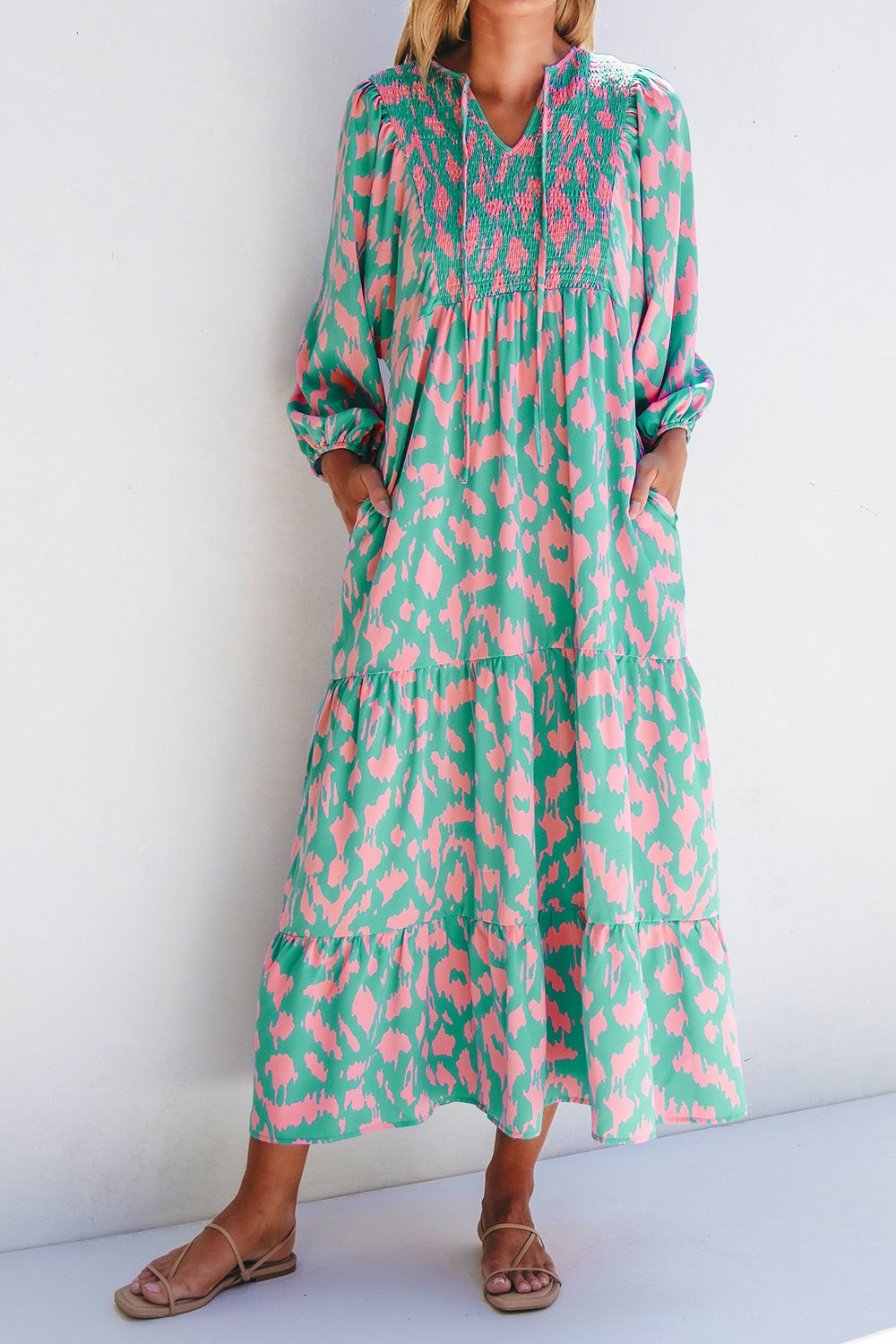 Zephariel Smocked Printed Tie Neck Long Sleeve Dress