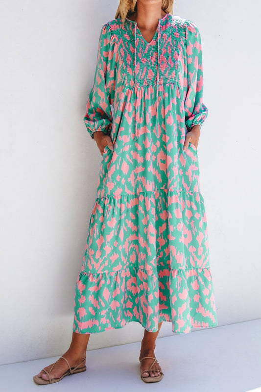 Zephariel Smocked Printed Tie Neck Long Sleeve Dress