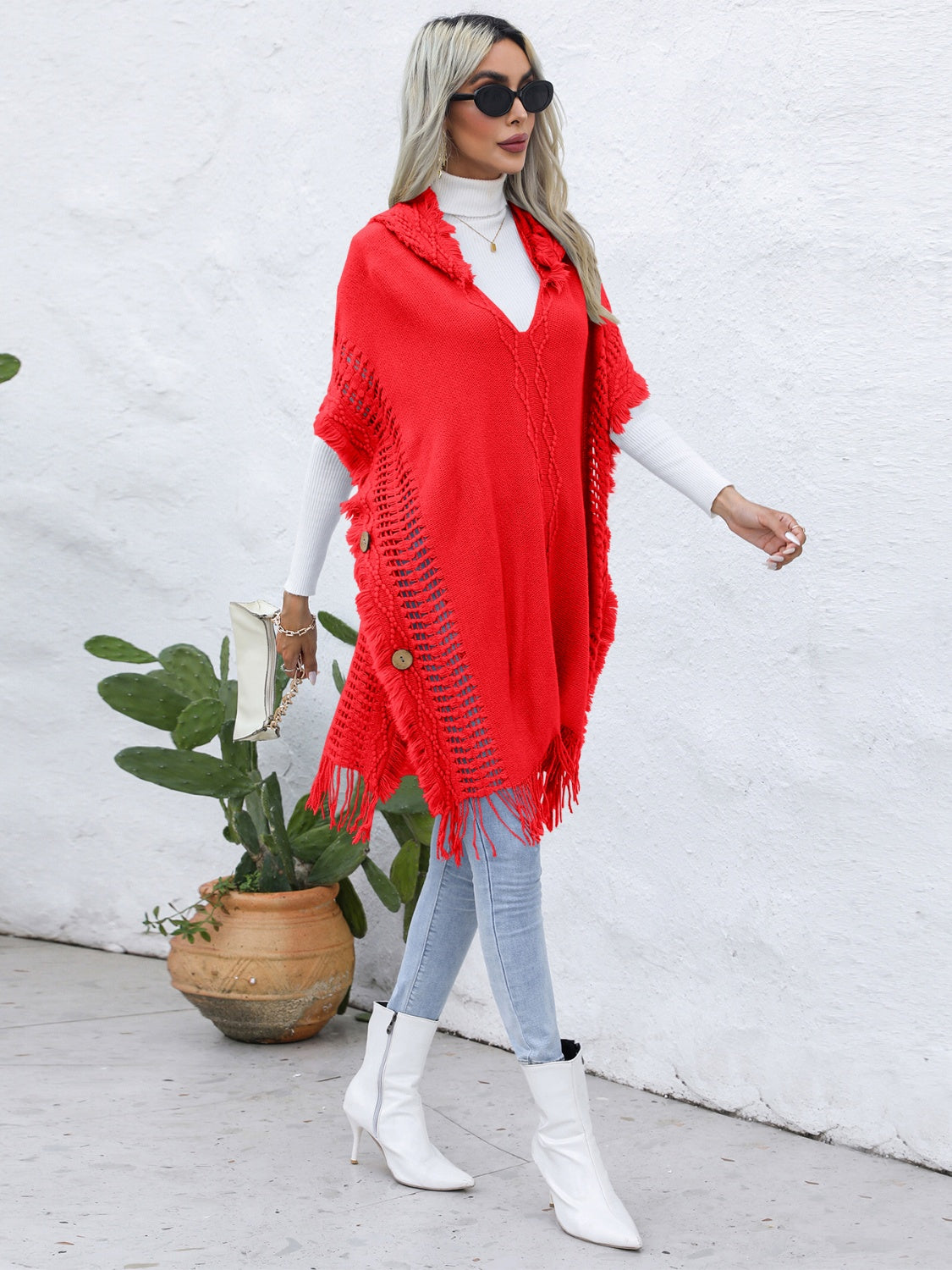 Zephariel Fringe Trim Buttoned Hooded Poncho