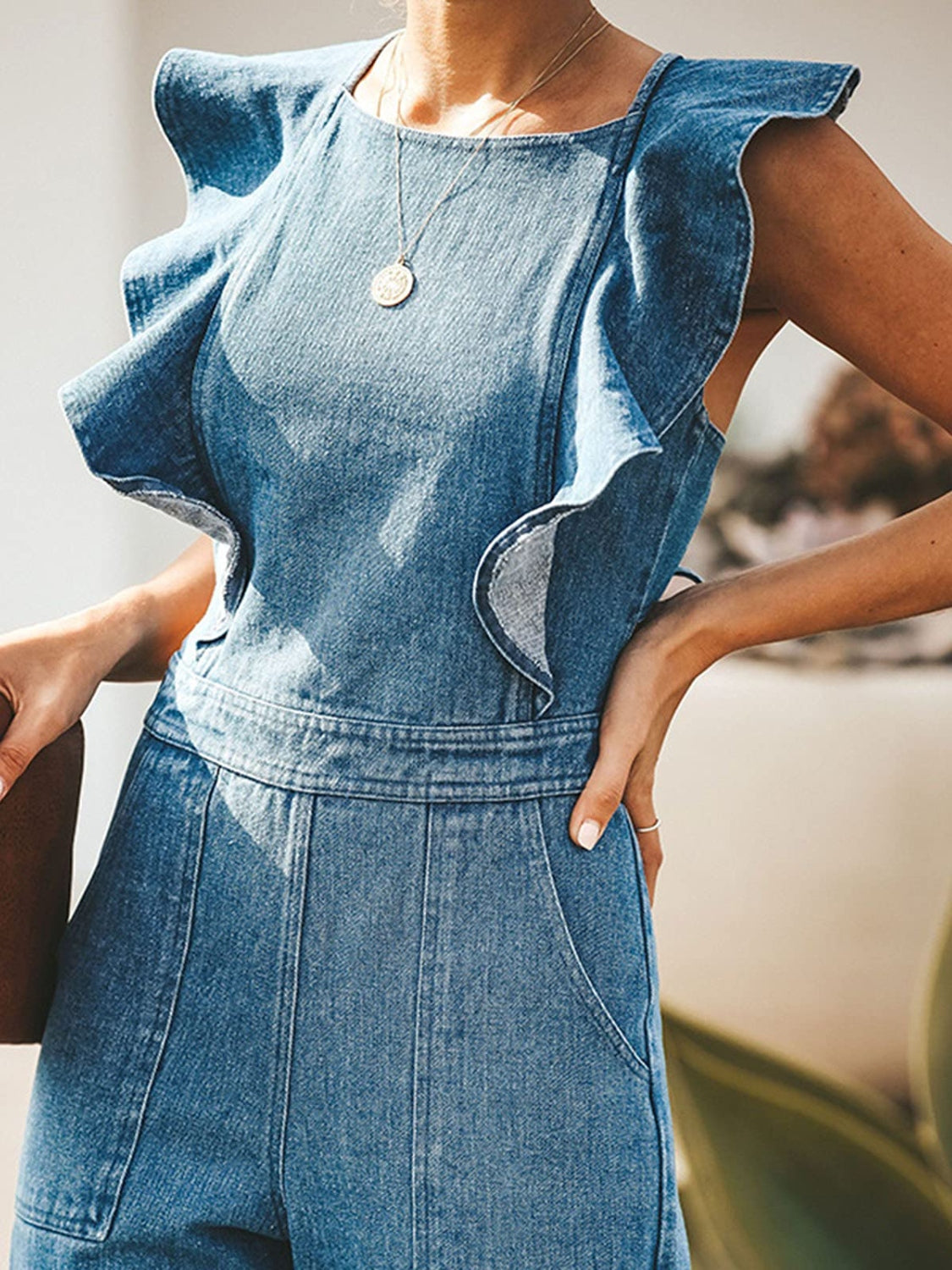 Zephariel Ruffled Backless Sleeveless Denim Jumpsuit