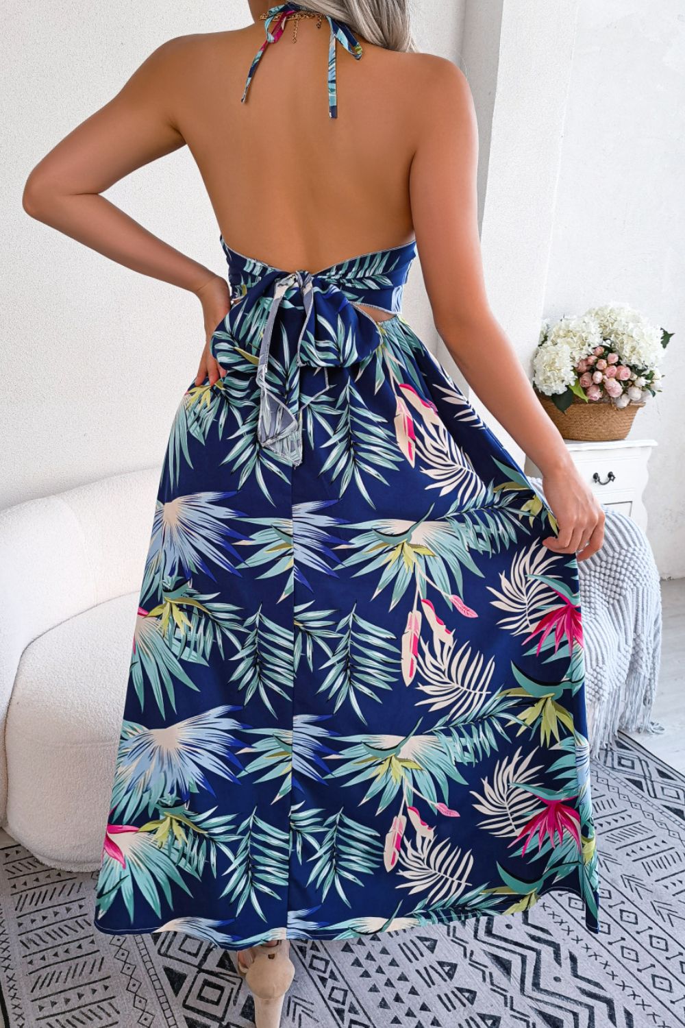 Zephariel Botanical Print Tied Backless Cutout Slit Dress