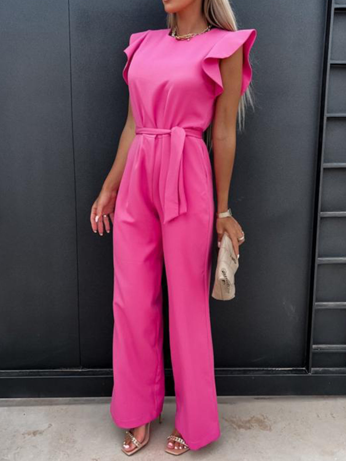 Zephariel Ruffled Round Neck Cap Sleeve Jumpsuit