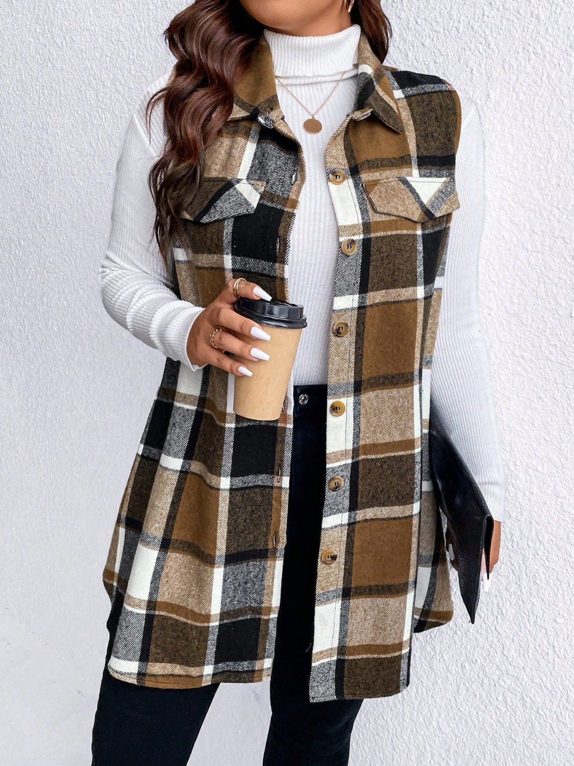 Zephariel Plus Size Pocketed Plaid Button Up Vest Coat