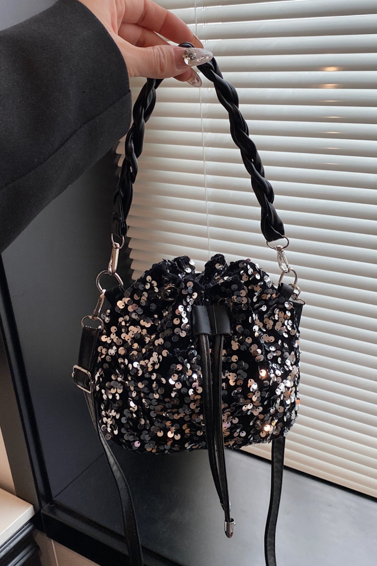 Zephariel Sequin Drawstring Bucket Bag