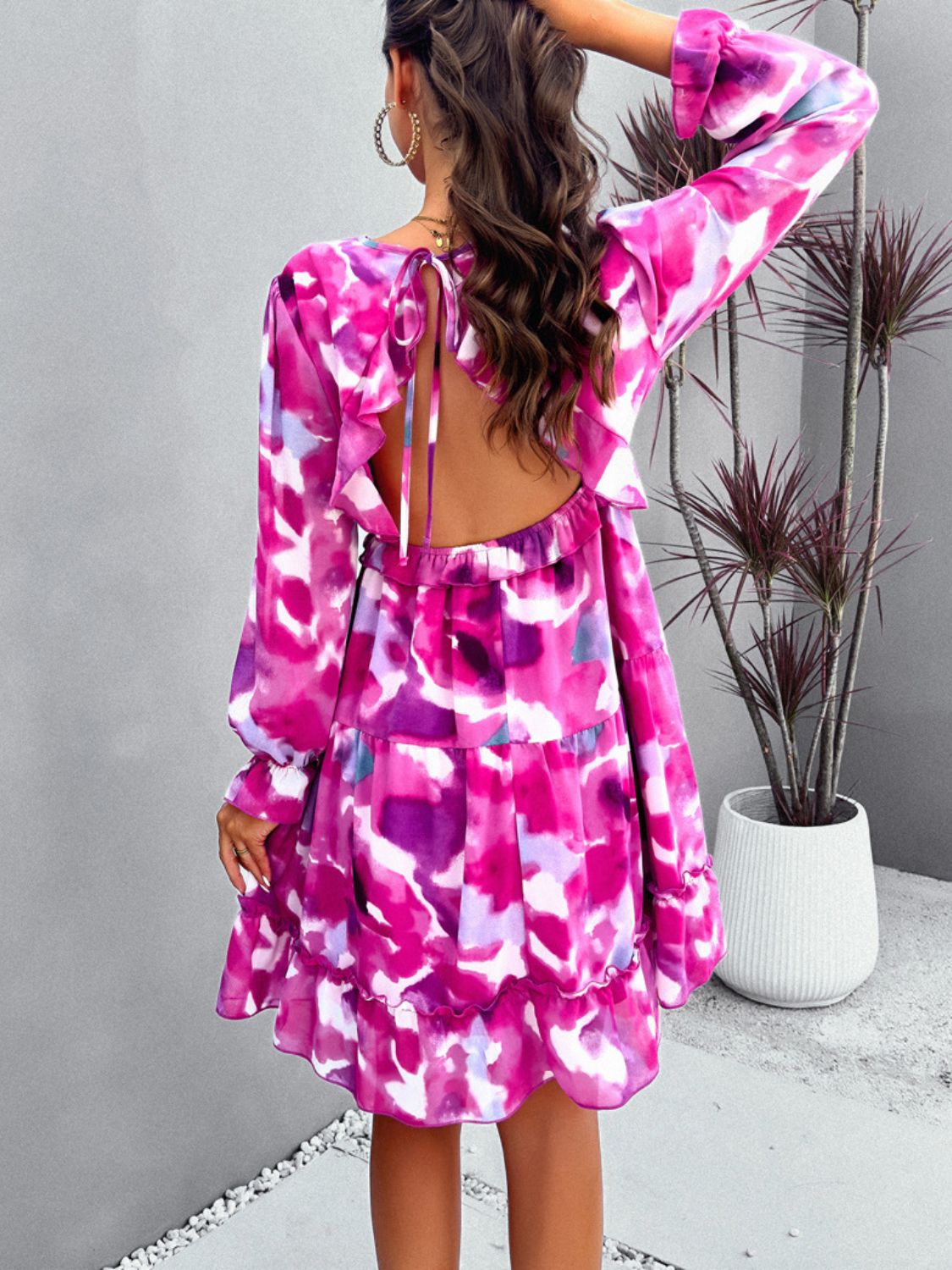 Zephariel Backless Printed V-Neck Flounce Sleeve Dress