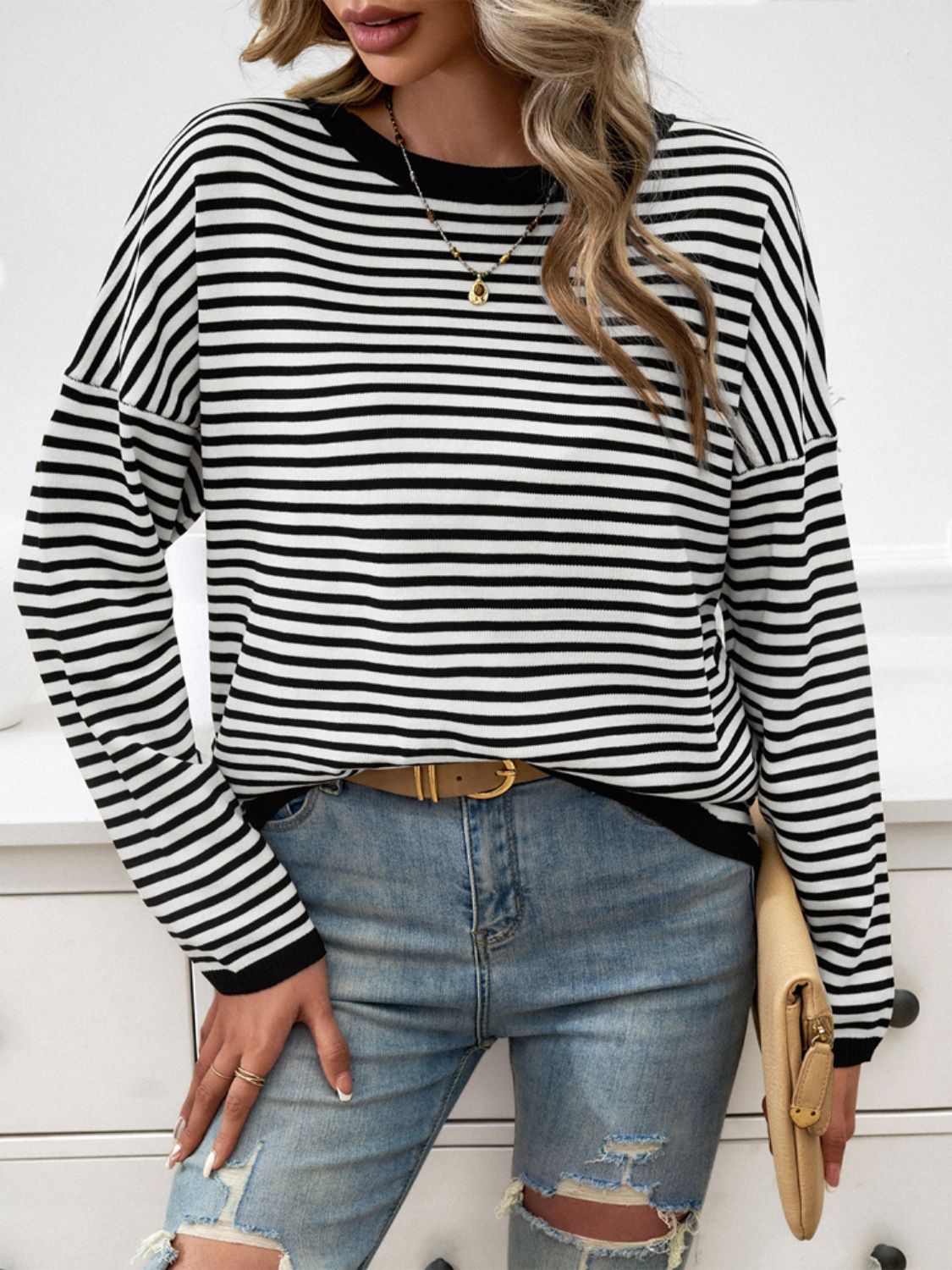 Zephariel Striped Round Neck Dropped Shoulder Sweater