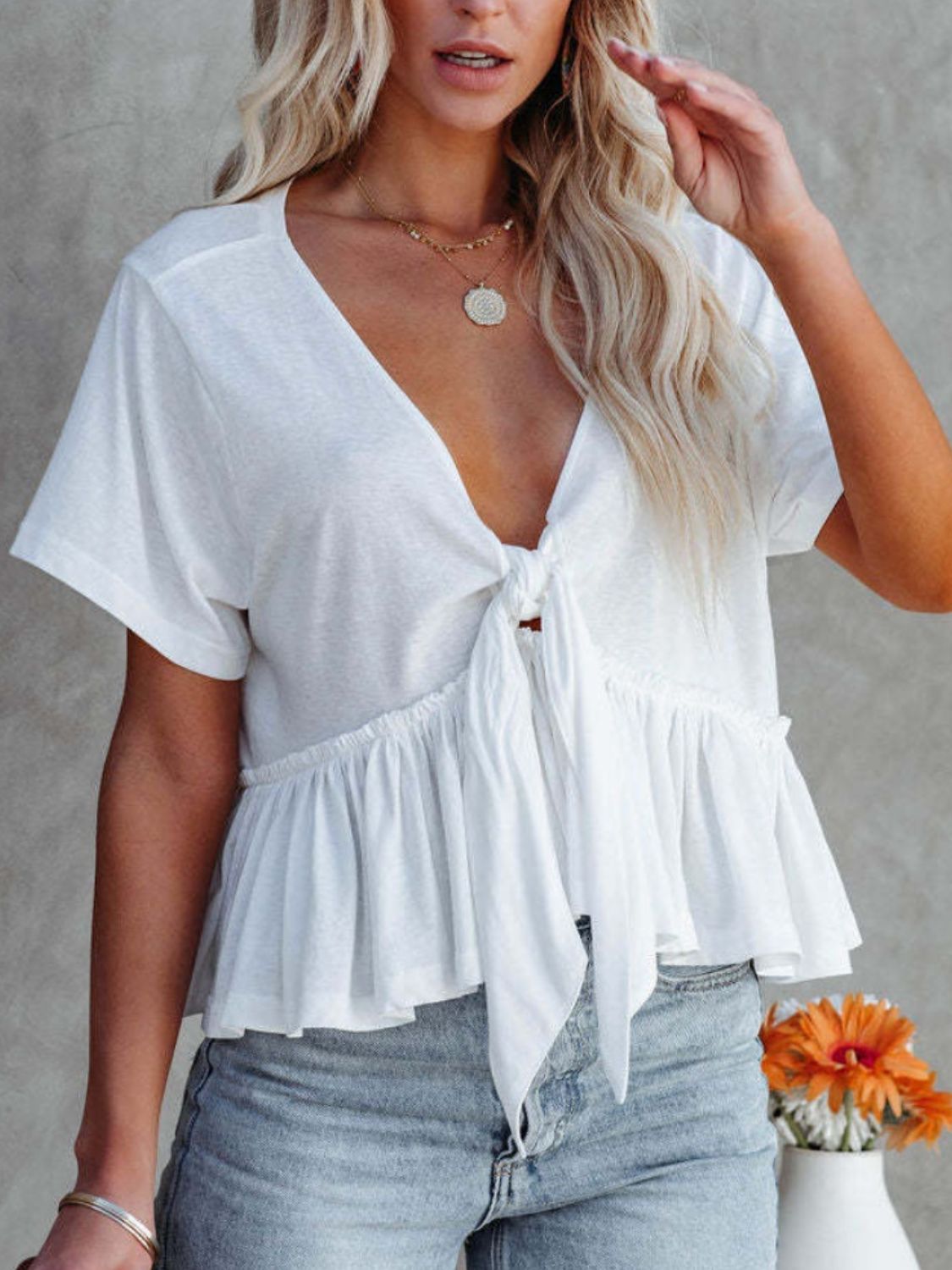 Zephariel Tied Plunge Short Sleeve Blouse