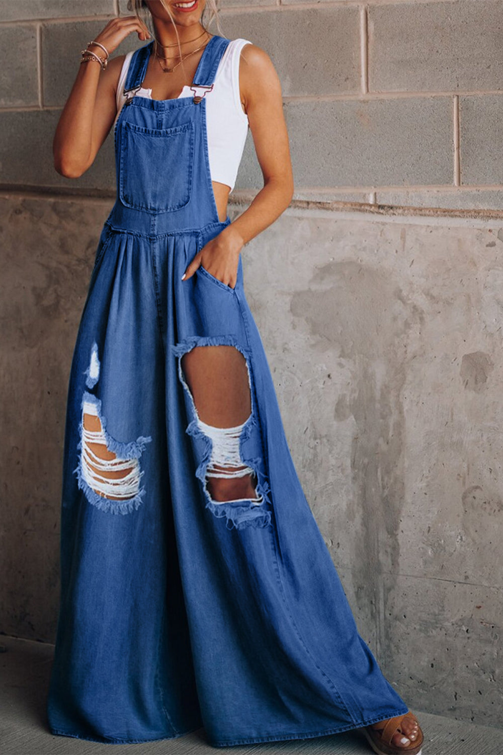 Zephariel Distressed Wide Leg Denim Overalls