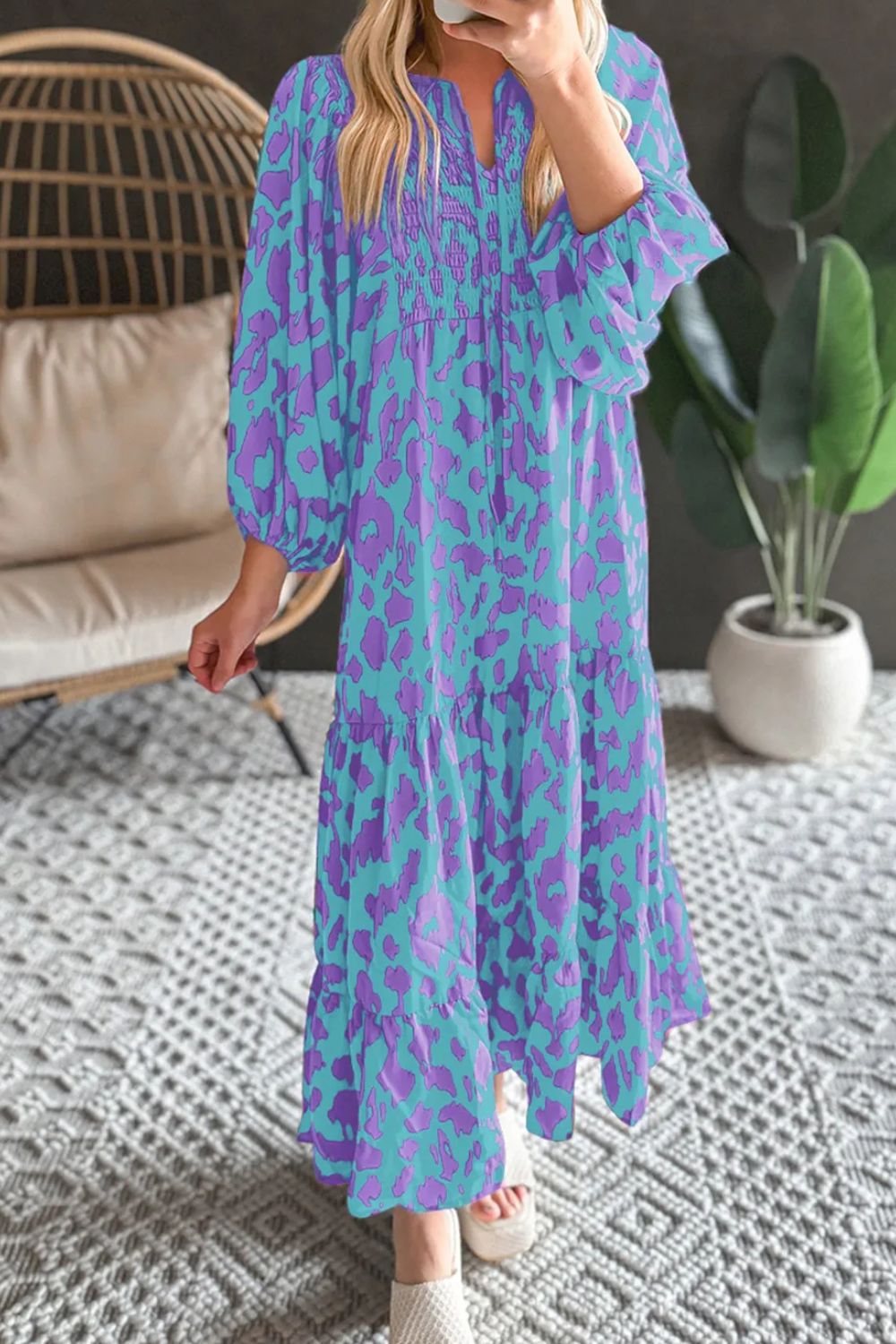 Zephariel Smocked Printed Tie Neck Long Sleeve Dress