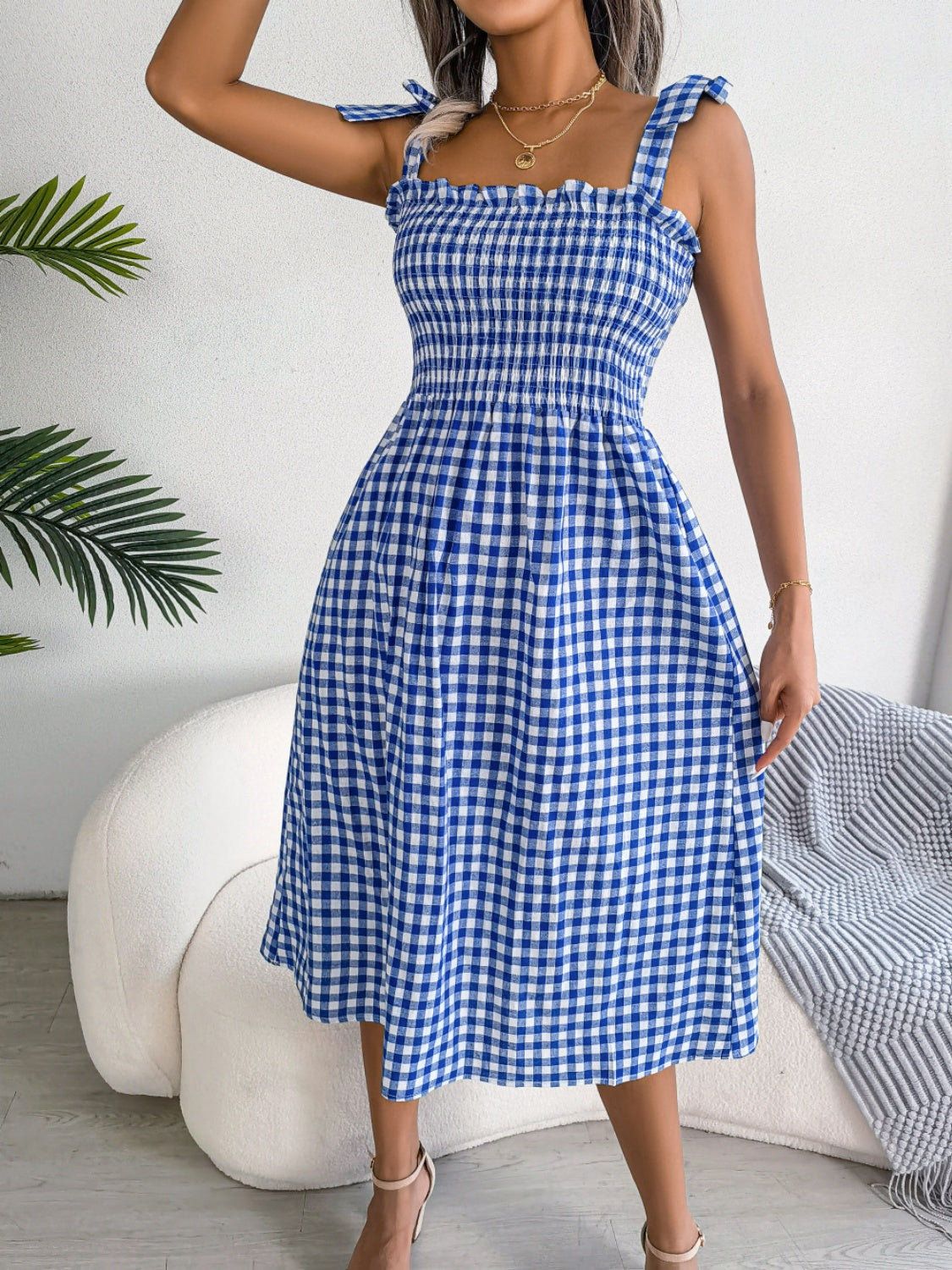 Zephariel Frill Plaid Square Neck Midi Dress