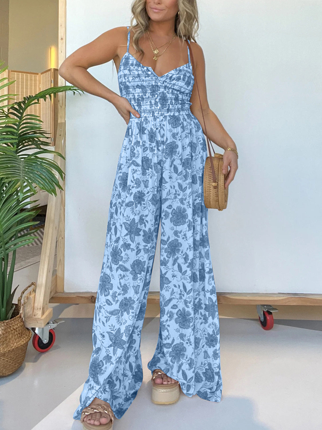 Zephariel Printed Spaghetti Strap Wide Leg Jumpsuit