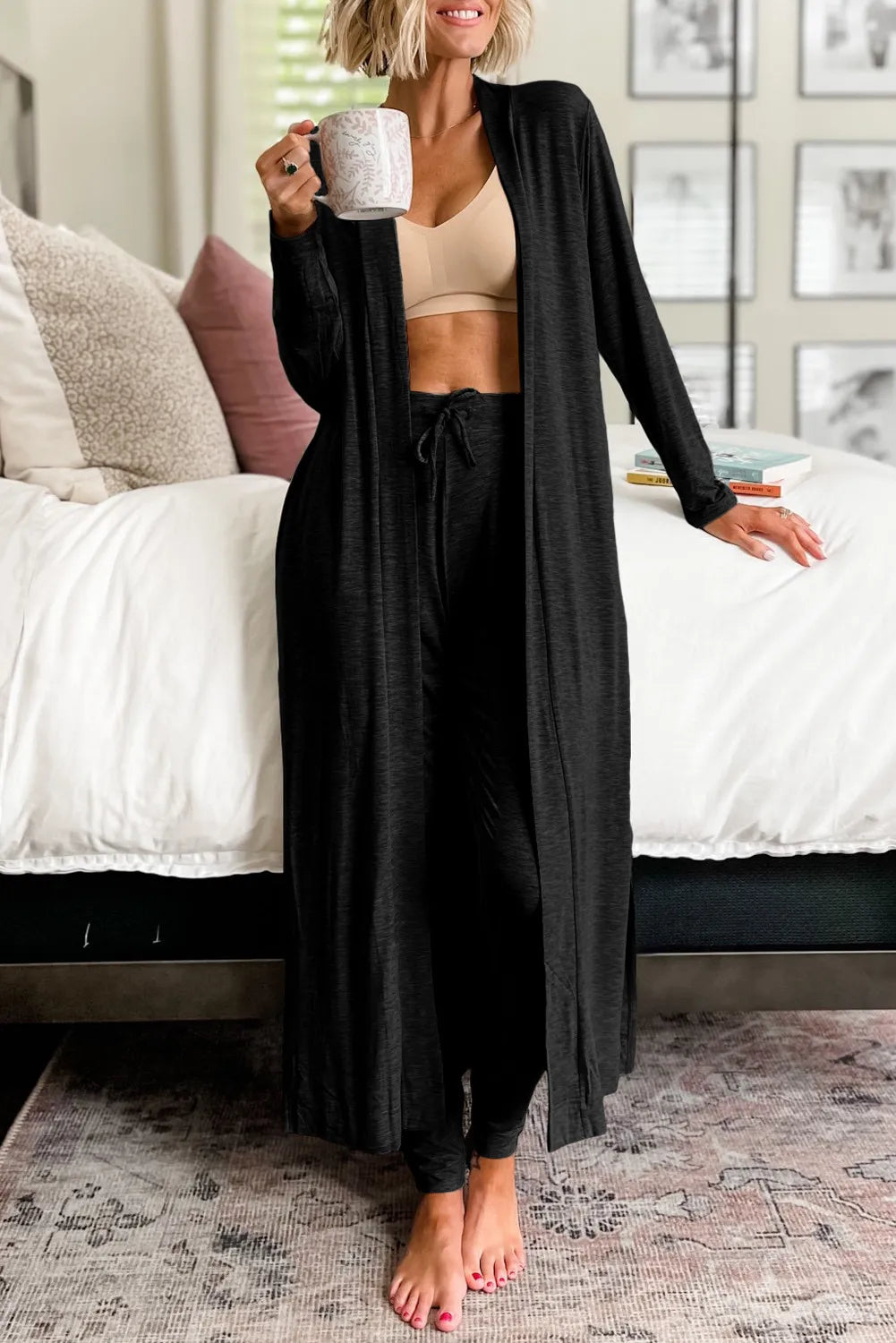 Zephariel Open Front Long Sleeve Cardigan and Pants Lounge Set