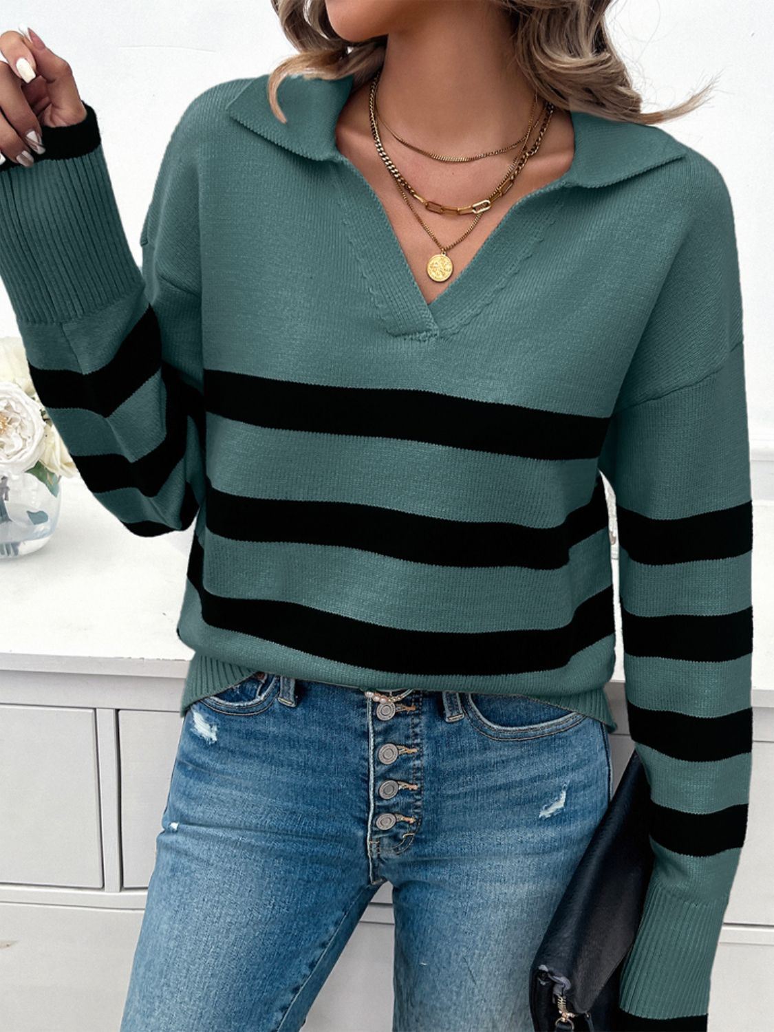 Zephariel Striped Collared Neck Long Sleeve Sweater