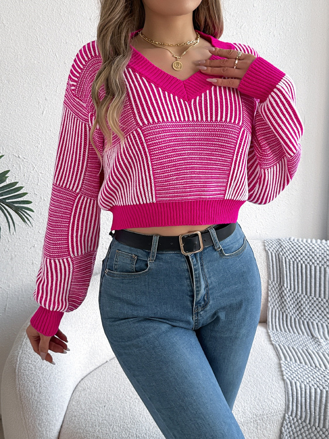 Zephariel Striped V-Neck Long Sleeve Sweater