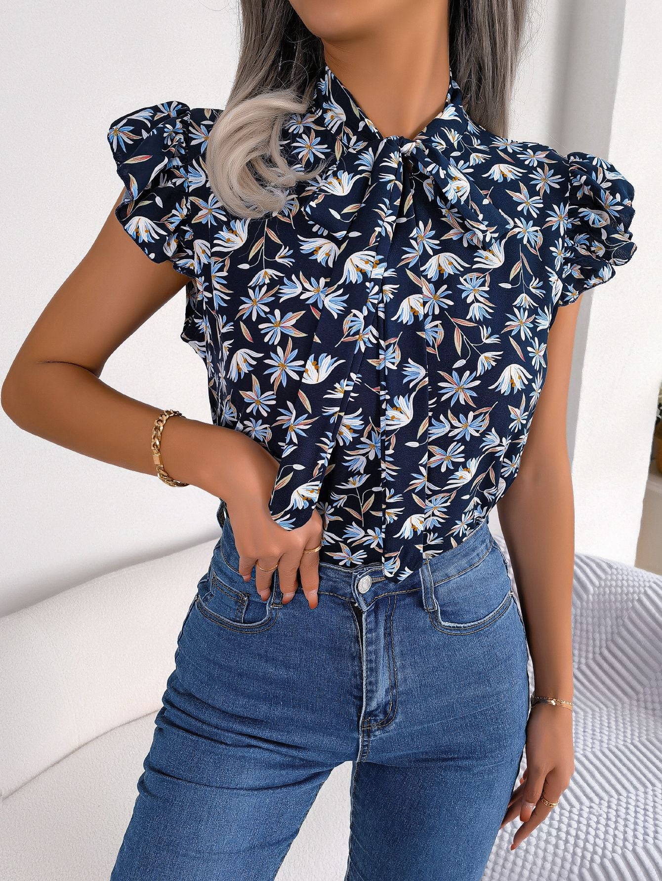 Zephariel Floral Tie Neck Flutter Sleeve Blouse