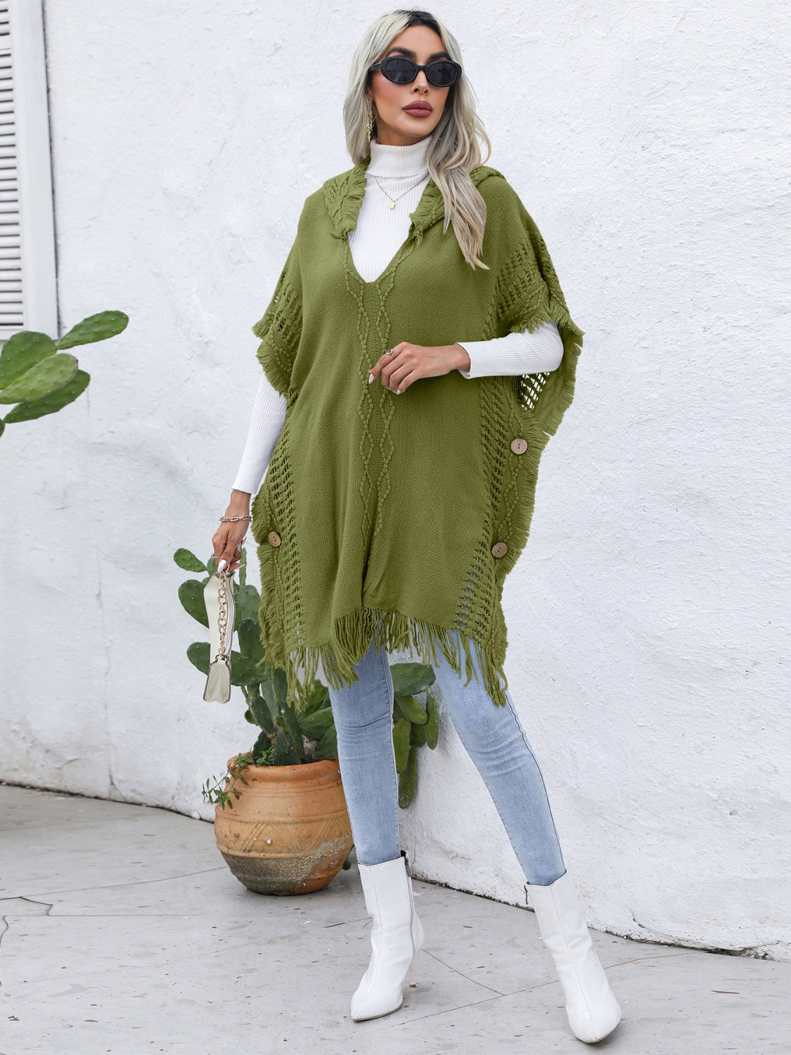 Zephariel Fringe Trim Buttoned Hooded Poncho