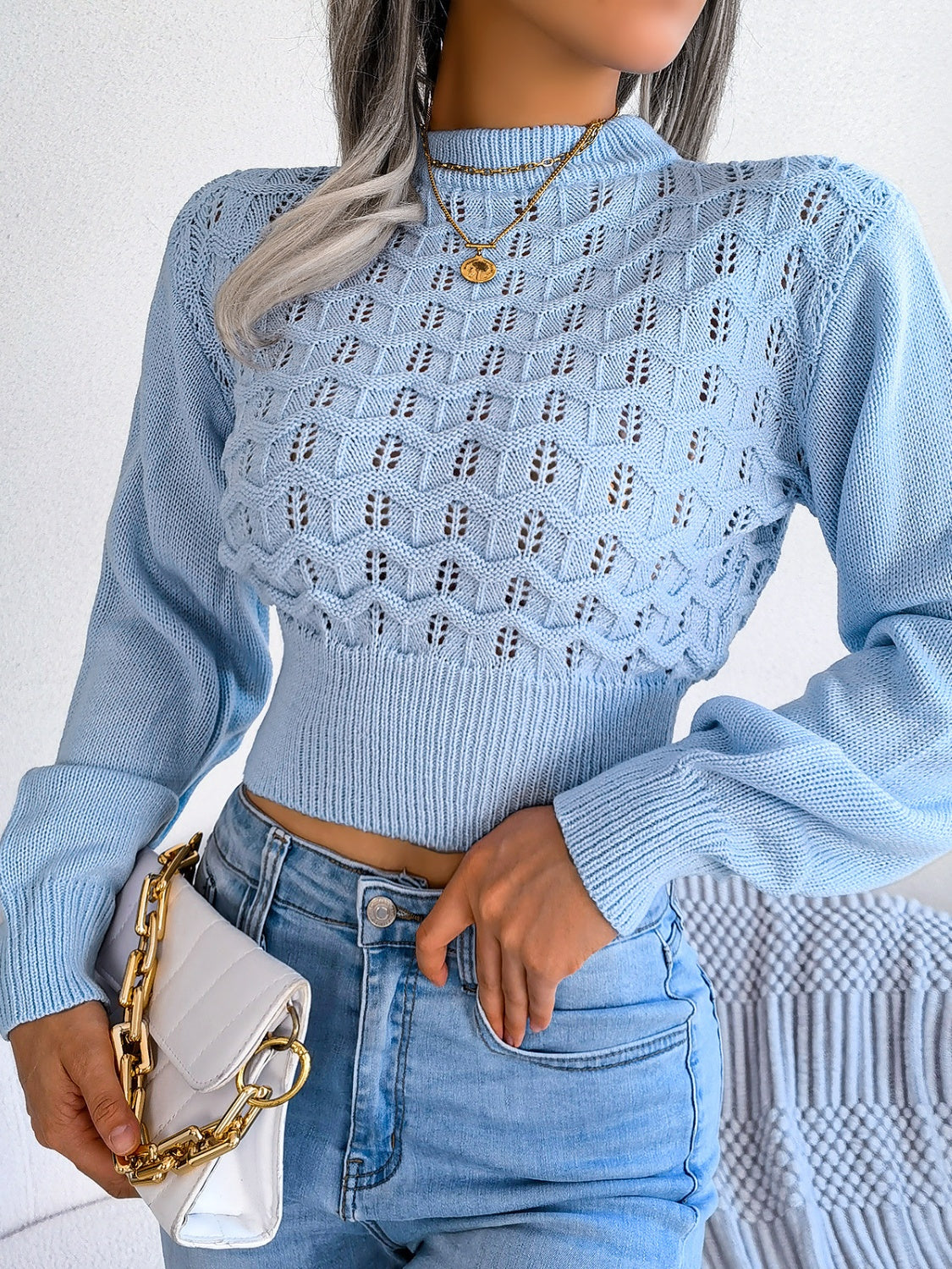 Zephariel Openwork Mock Neck Long Sleeve Cropped Sweater