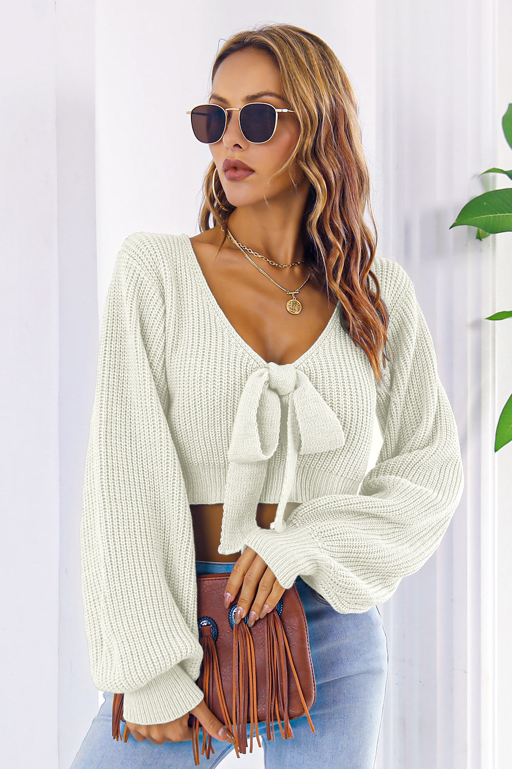 Zephariel Bow V-Neck Long Sleeve Cropped Sweater