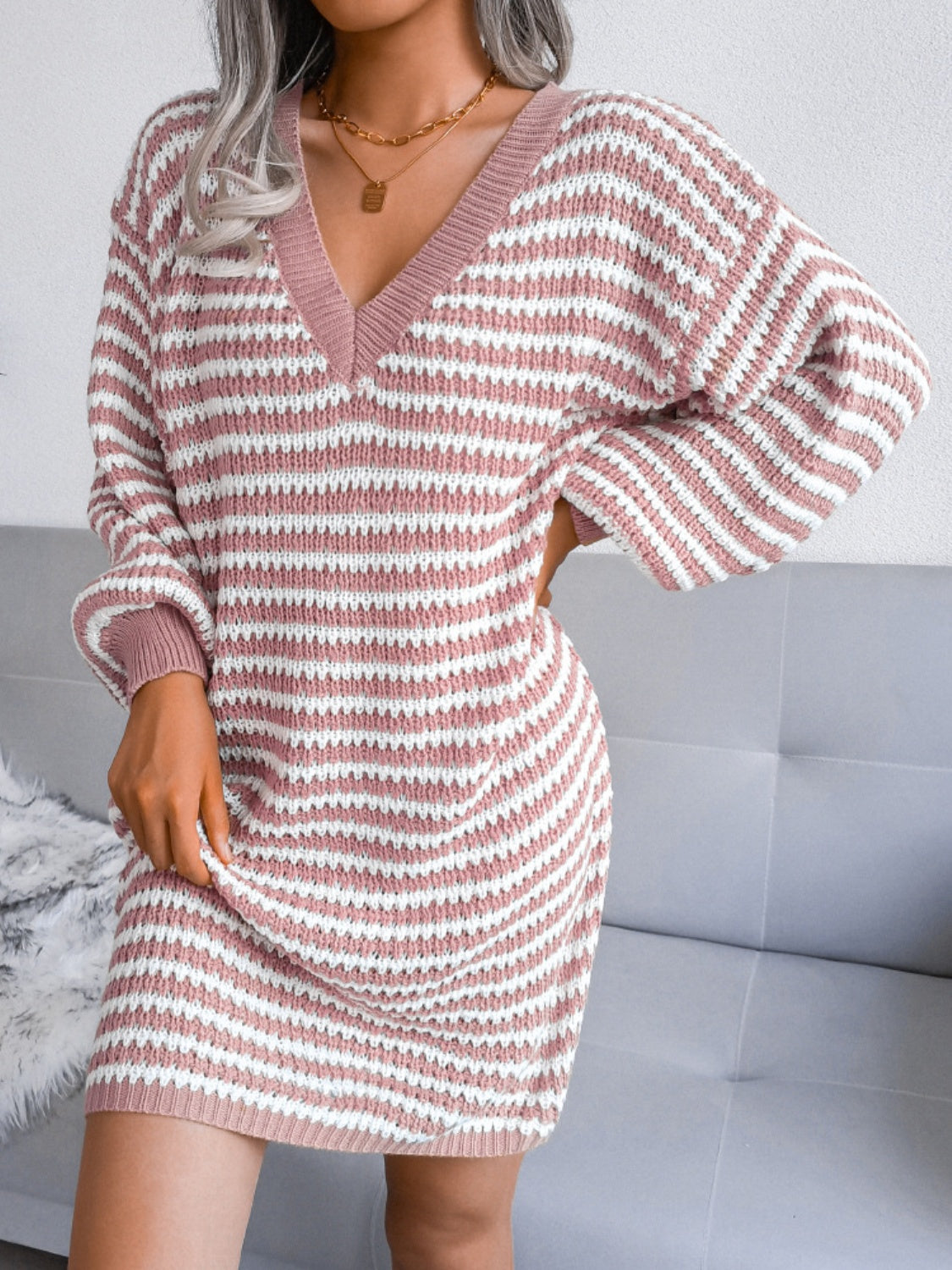 Zephariel Striped V-Neck Long Sleeve Mini Sweater Dress