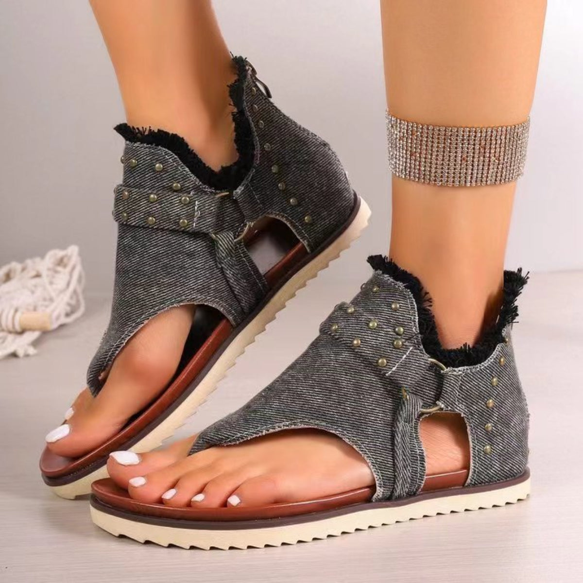 Zephariel Studded Raw Hem Flat Sandals