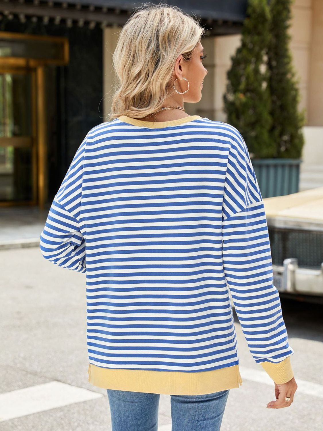 Zephariel Slit Striped Round Neck Long Sleeve Sweatshirt