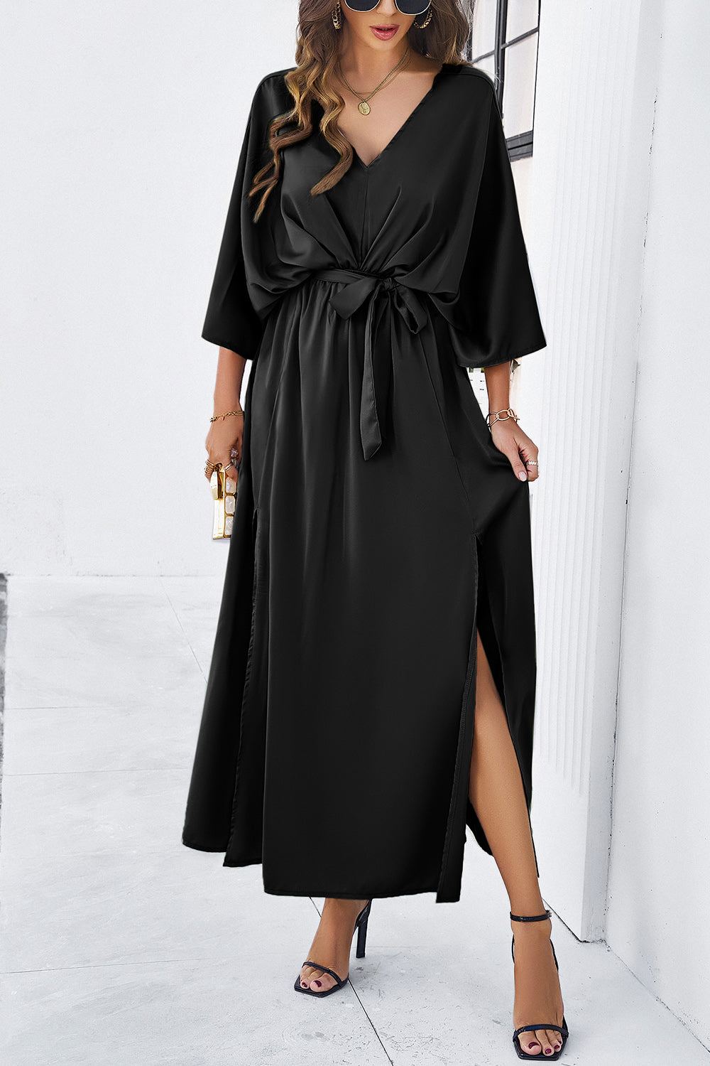 Zephariel Slit Tied V-Neck Three-Quarter Sleeve Dress