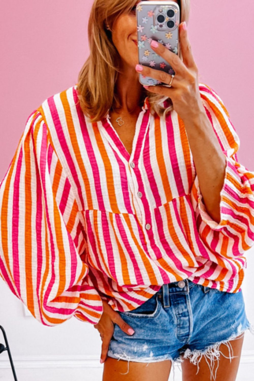 Zephariel Striped Notched Flounce Sleeve Blouse