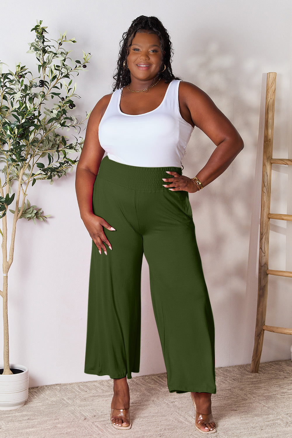 Zephariel  Smocked Wide Waistband Wide Leg Pants