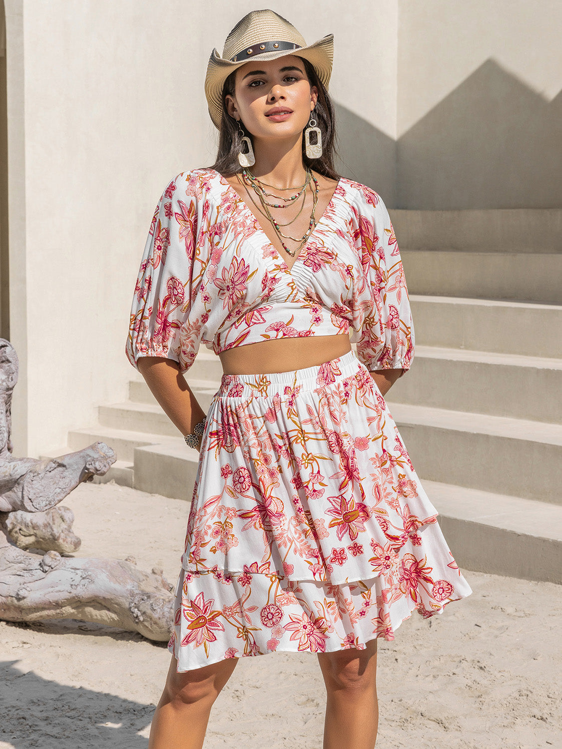 Zephariel Printed Half Sleeve Top and Layered Skirt Set