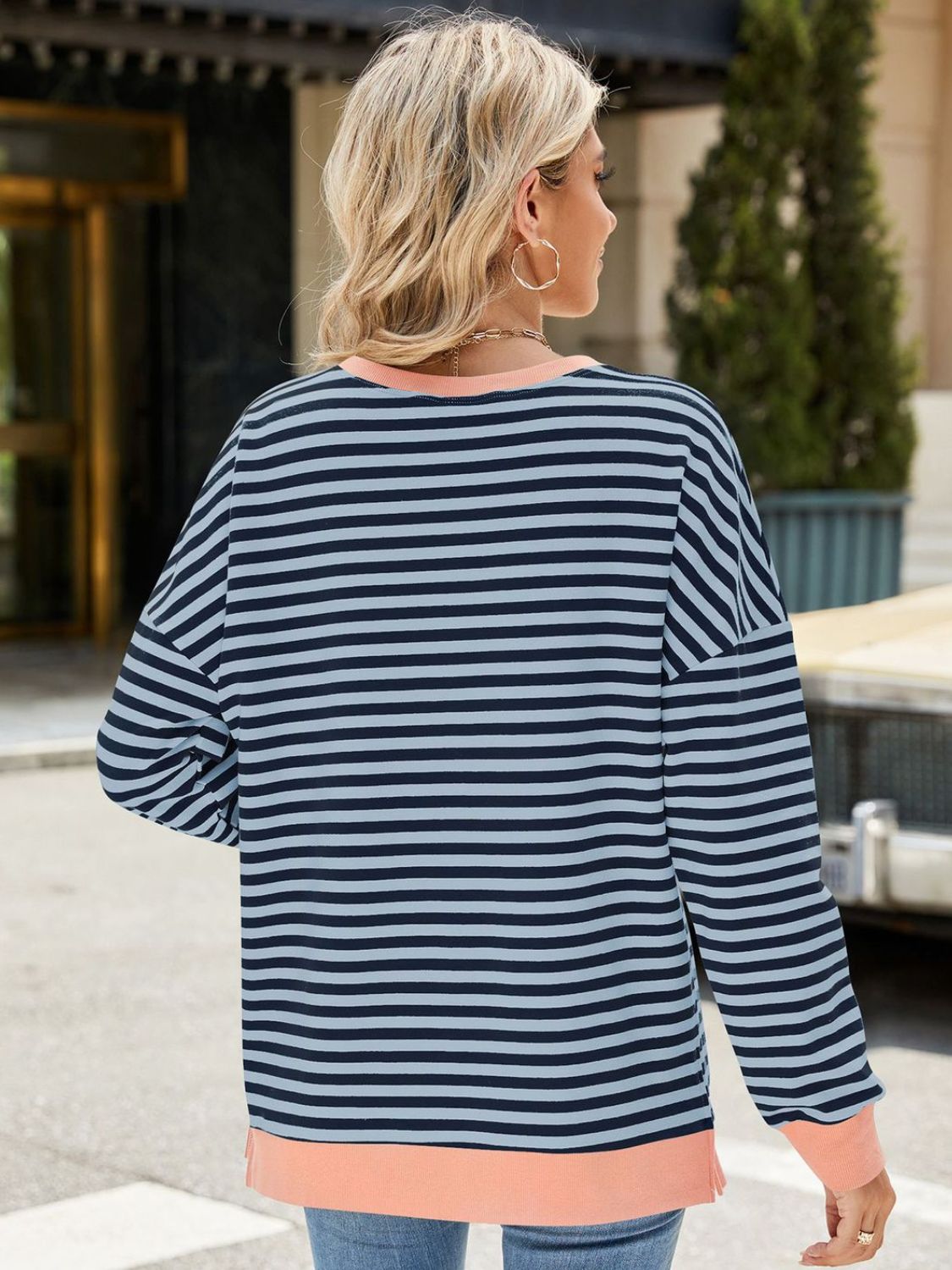 Zephariel Slit Striped Round Neck Long Sleeve Sweatshirt