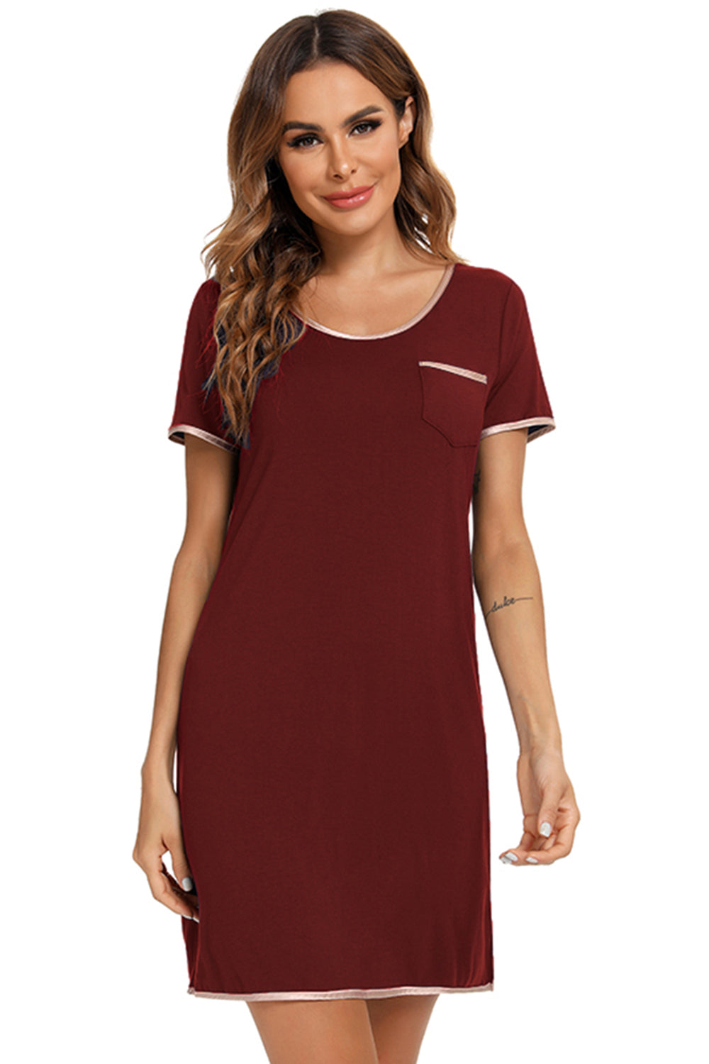 Zephariel Contrast Trim Pocketed Round Neck Lounge Dress