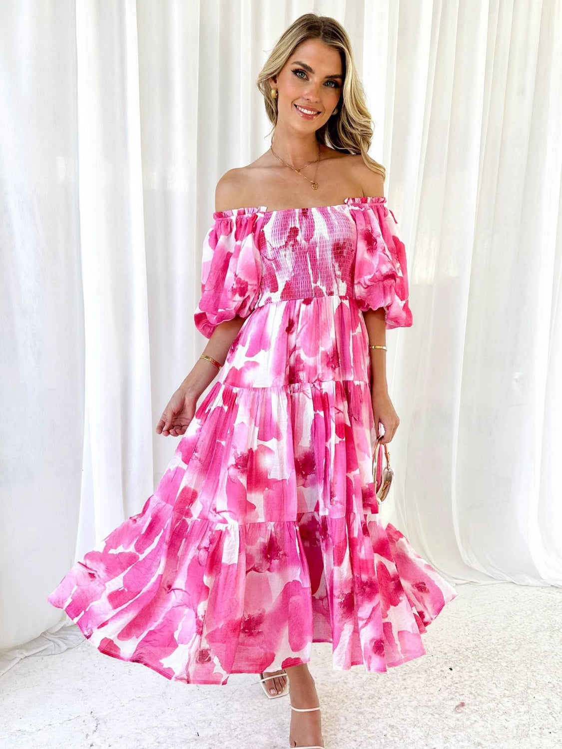 Zephariel Printed Smocked Off-Shoulder Tiered Dress