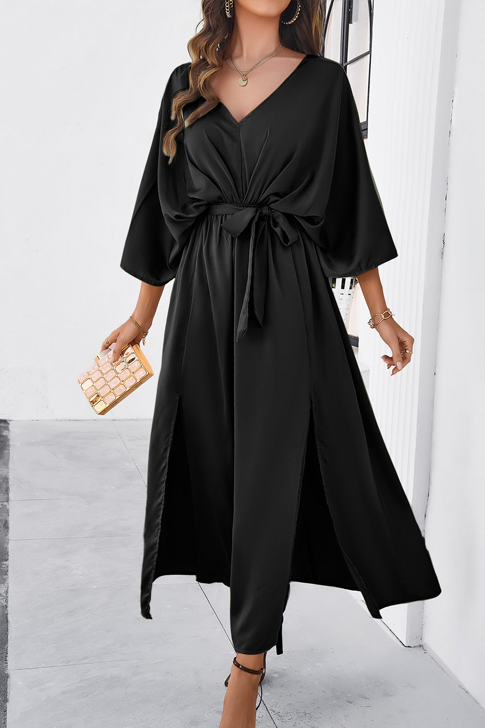 Zephariel Slit Tied V-Neck Three-Quarter Sleeve Dress