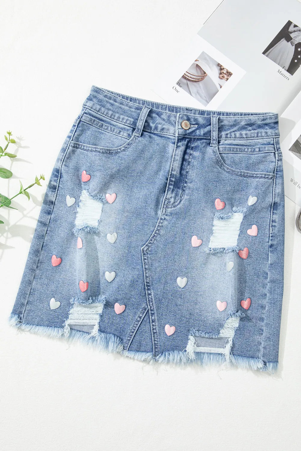 Zephariel Distressed Raw Hem Heart Mini Denim Skirt