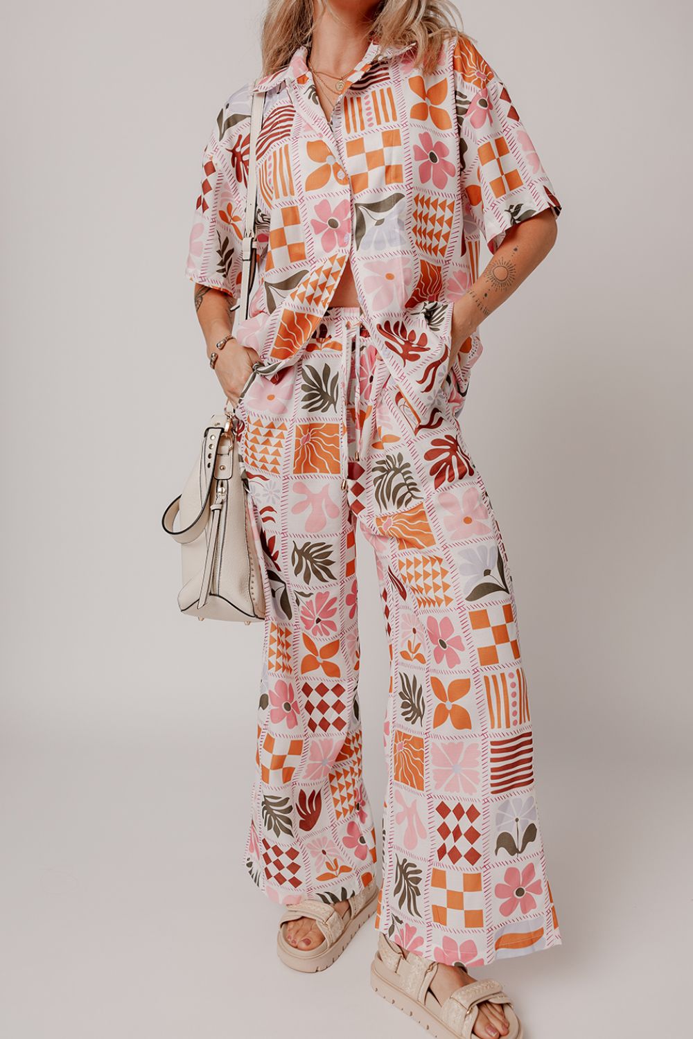 Zephariel Printed Collared Neck Shirt and Wide Leg Pants Set