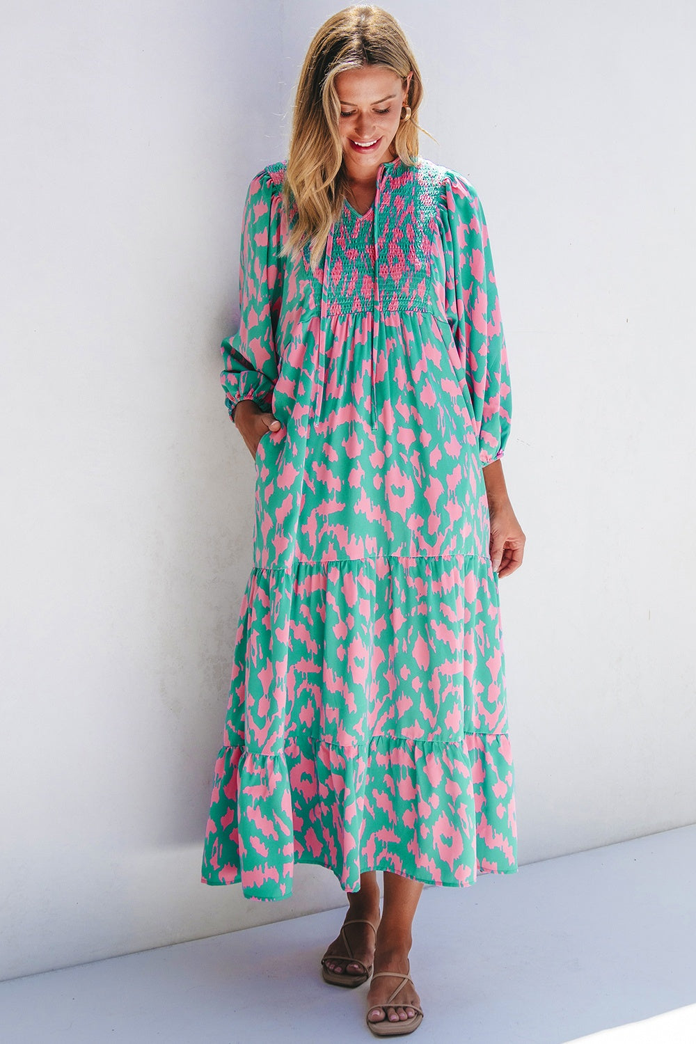 Zephariel Smocked Printed Tie Neck Long Sleeve Dress