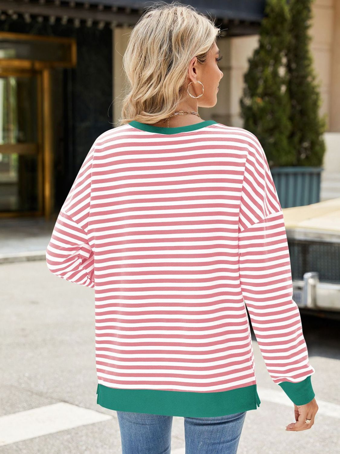 Zephariel Slit Striped Round Neck Long Sleeve Sweatshirt