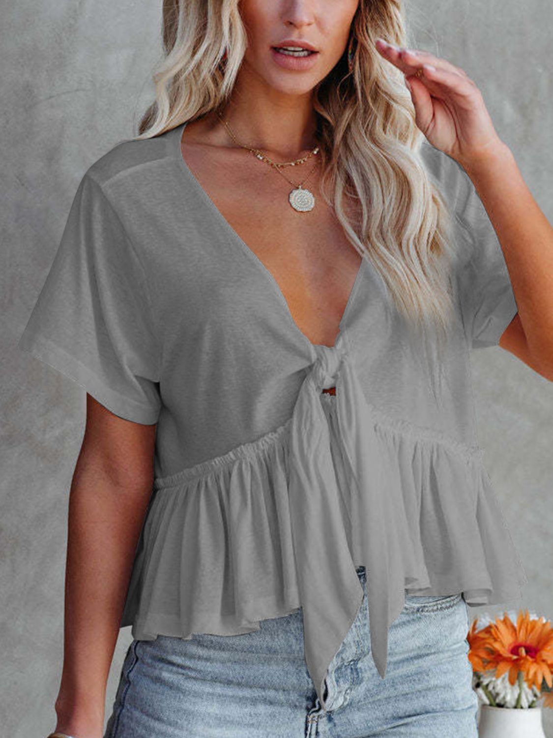 Zephariel Tied Plunge Short Sleeve Blouse