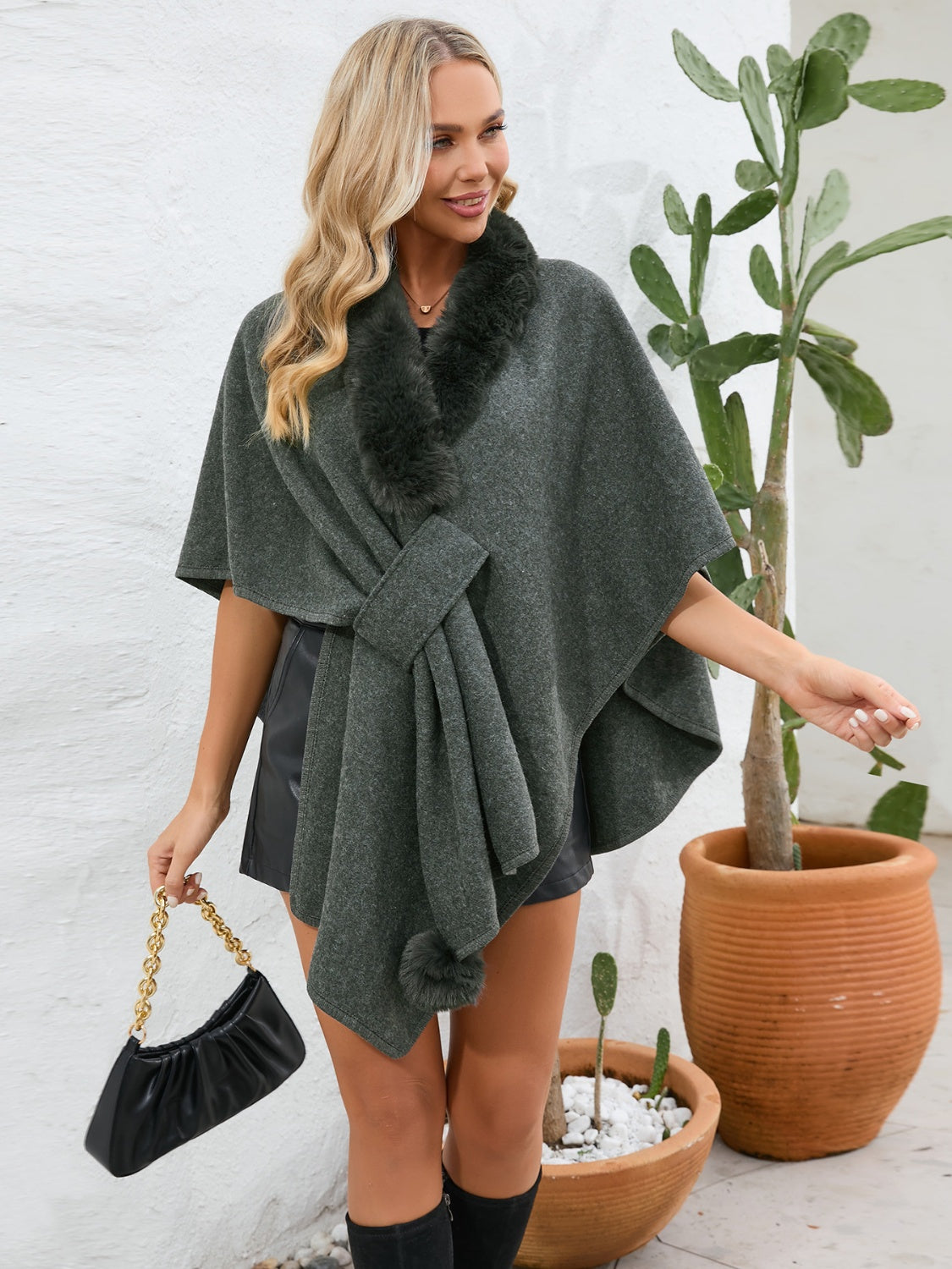 Zephariel Fuzzy Trim Open Front Poncho