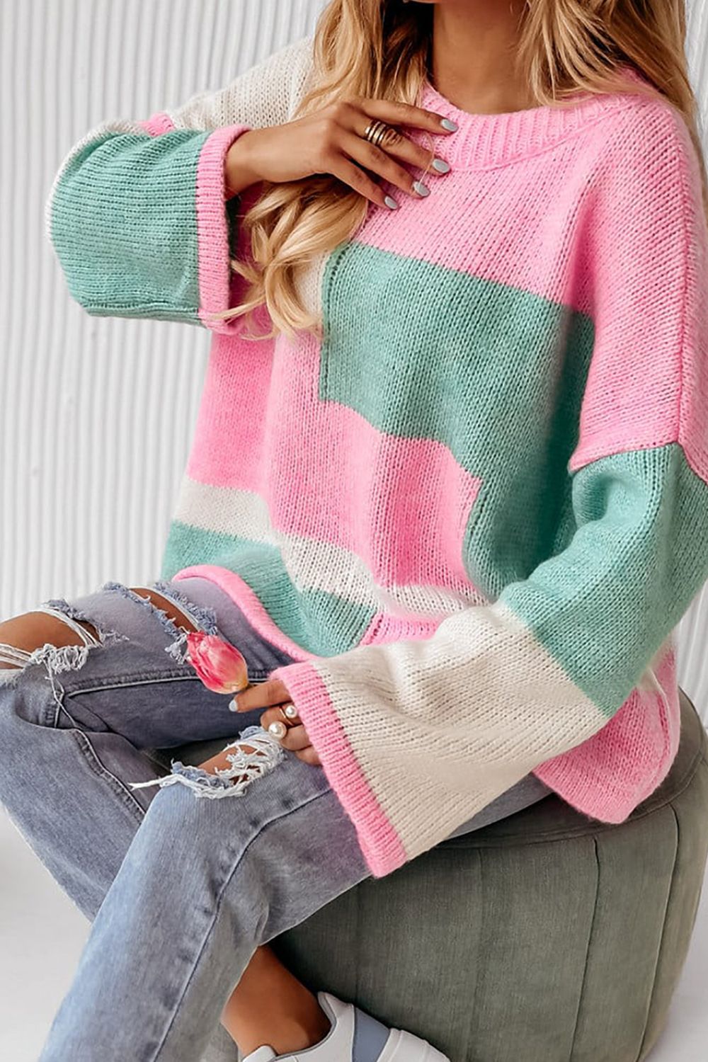 Zephariel Color Block Round Neck Drop Shoulder Sweater