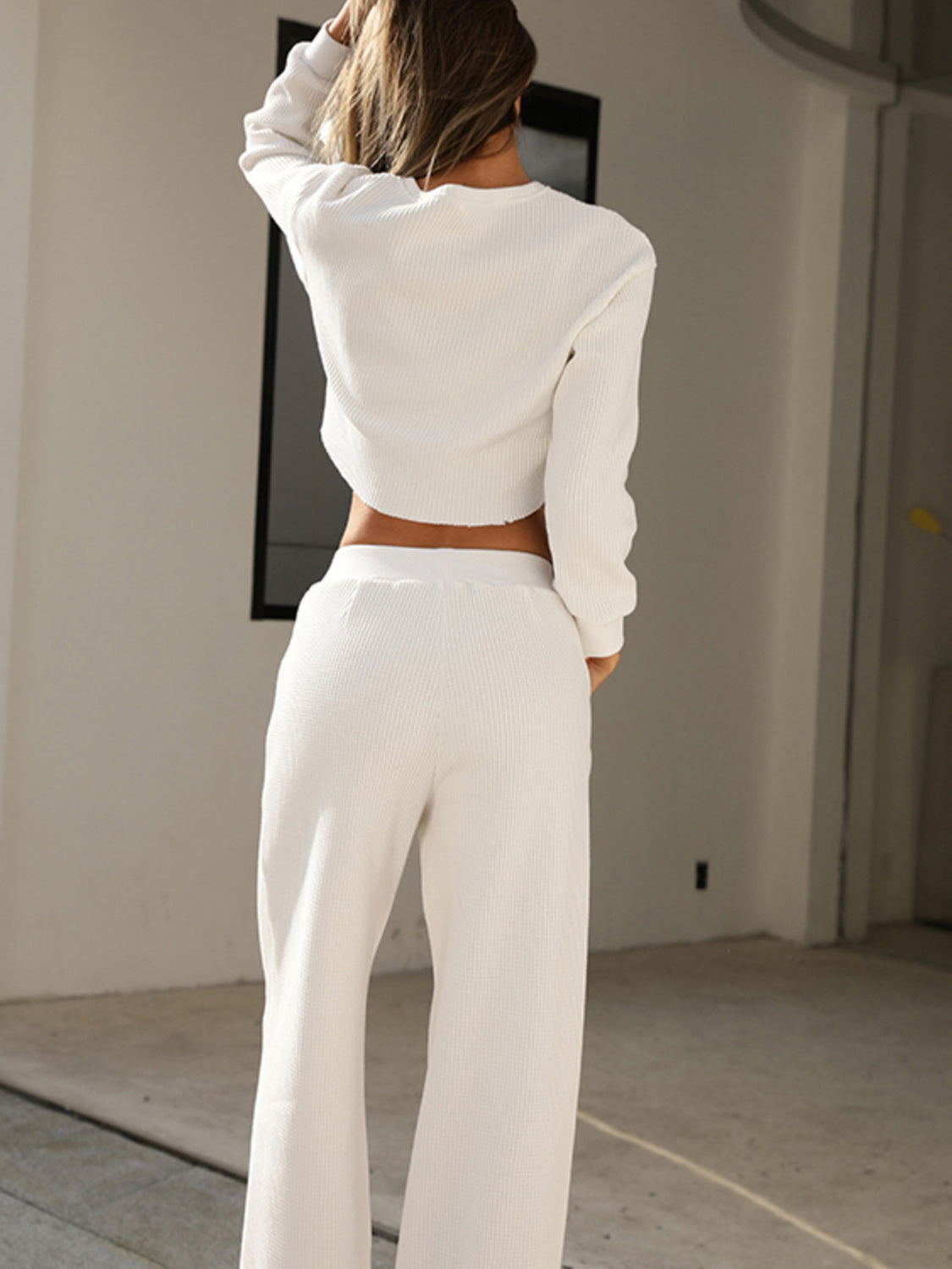 Zephariel Waffle-Knit Round Neck Top and Pants Set