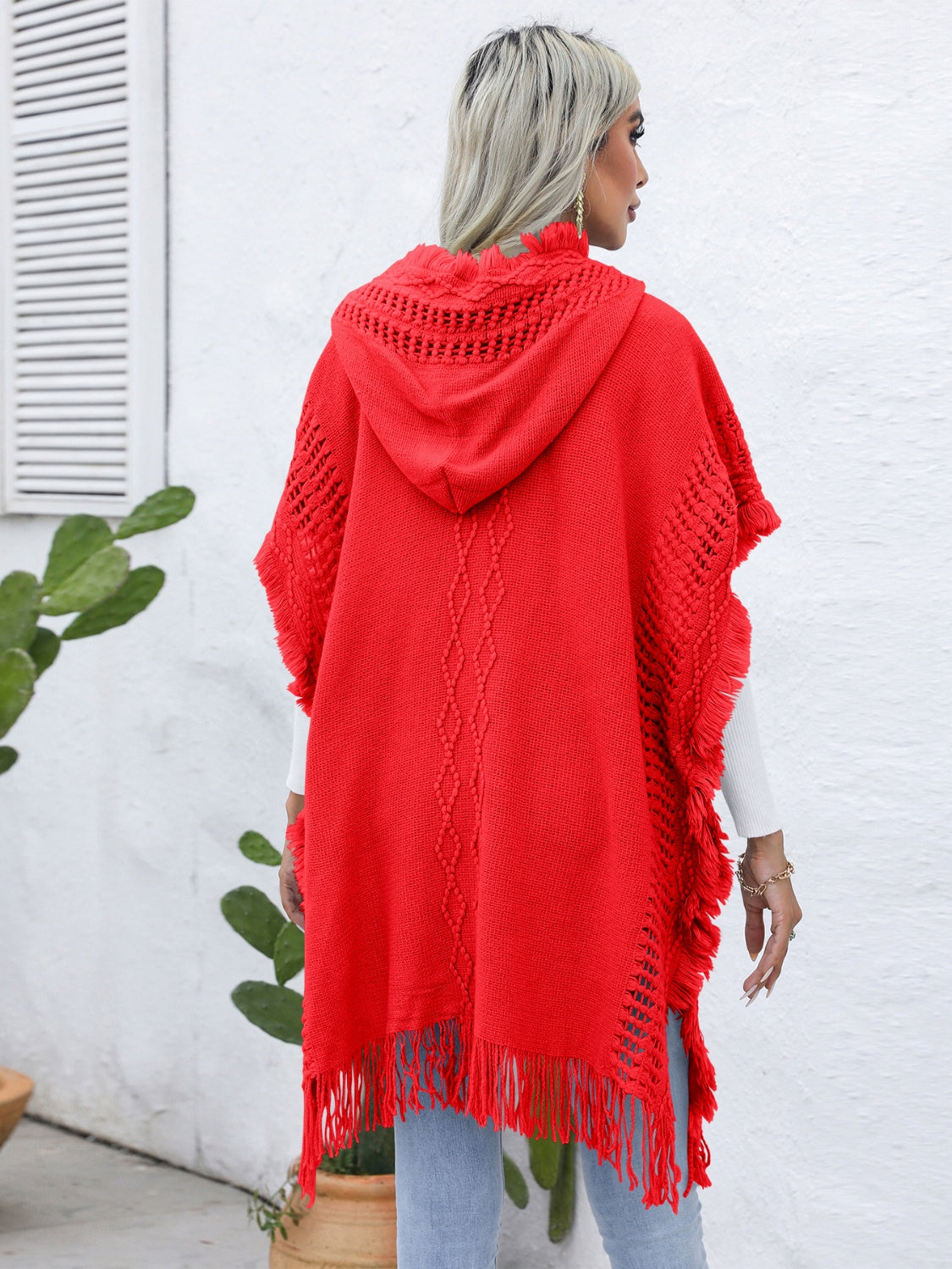 Zephariel Fringe Trim Buttoned Hooded Poncho